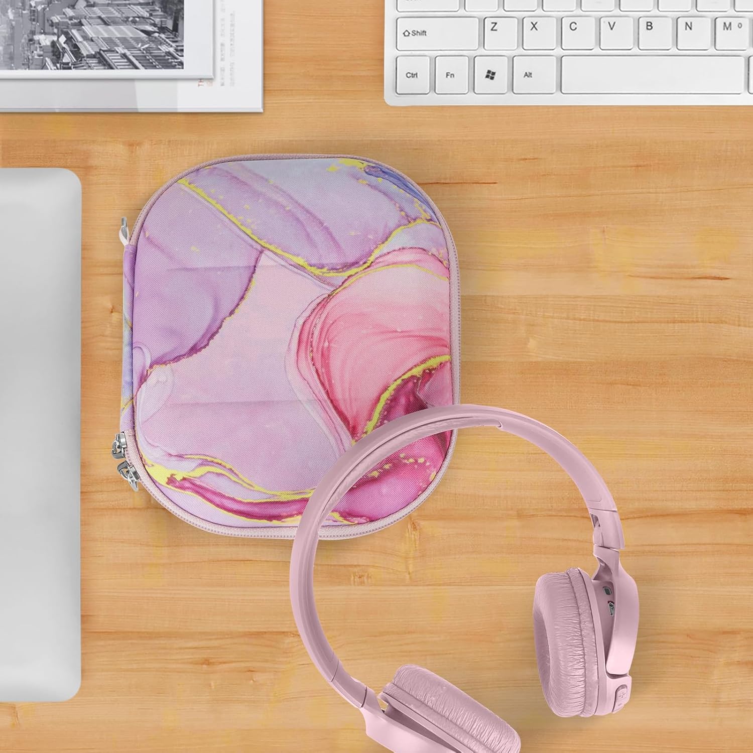 Geekria NOVA On-Ear Headphones Case Compatible with JBL Tune 530BT, 510BT, 570BT, 520BT, 680NC, 670NC, 560BT, Replacement Hard Shell Travel Carrying Bag with Cable Storage (Pink Marble) - Image 6