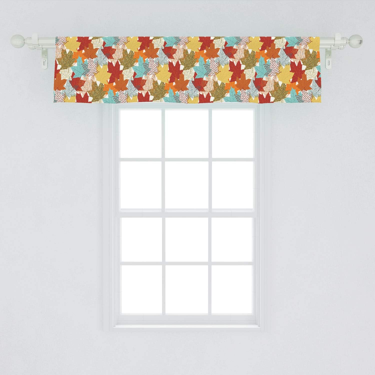 Lunarable Autumn Window Valance, Fall Season Maple Leaves Abstract Retro Colors Ornamental Canadian Foliage Dots, Curtain Valance for Kitchen Bedroom Decor with Rod Pocket, 54" X 12", Burgundy Brown