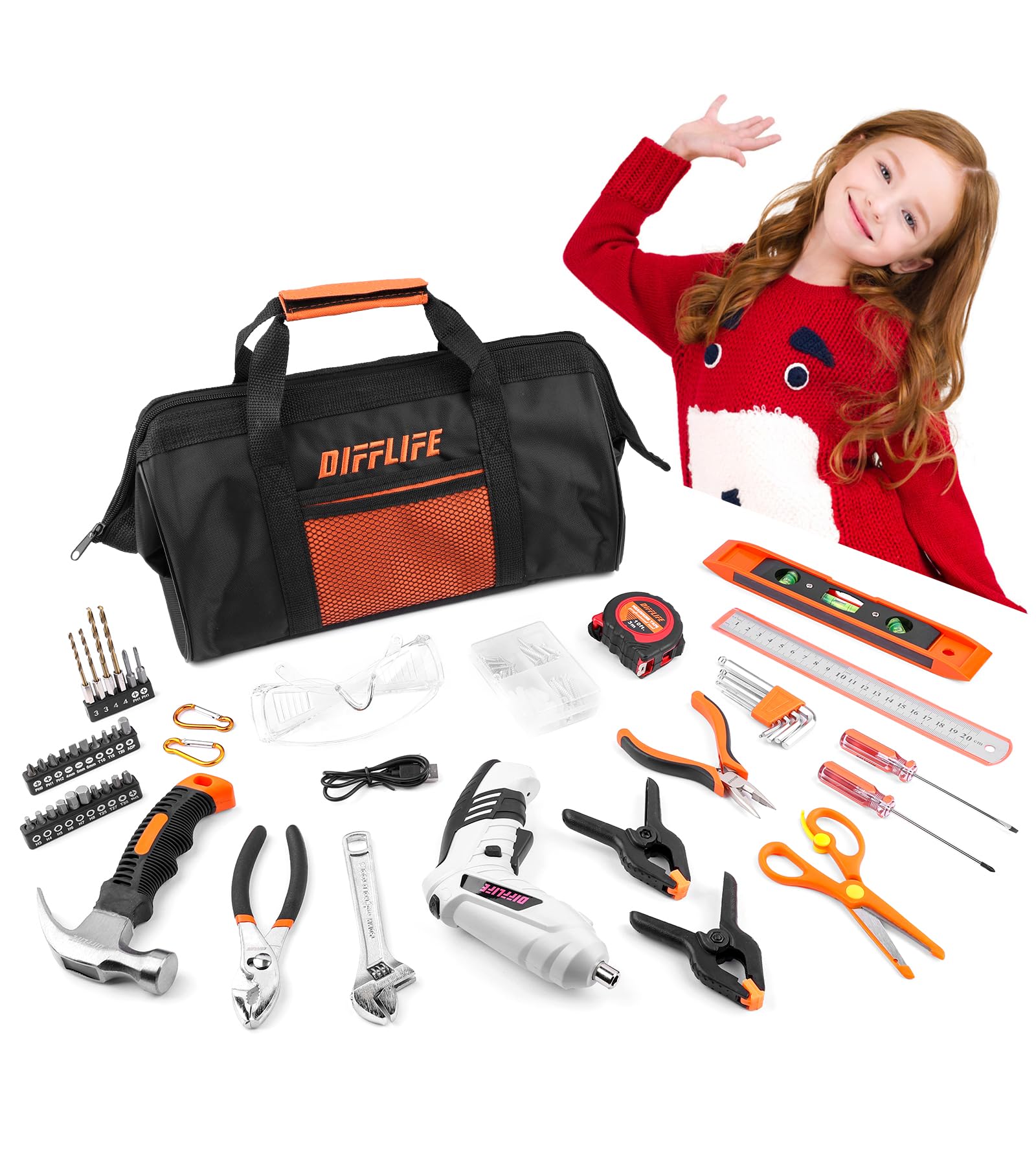DIFFLIFE118-Piece Hand Tool Set Kids Real,power-screwdrivers Tool Kit with Storage Bag for Boys,Girls DIY Building and Woodworking, Tool Set-8 Age+ 118 Piece
