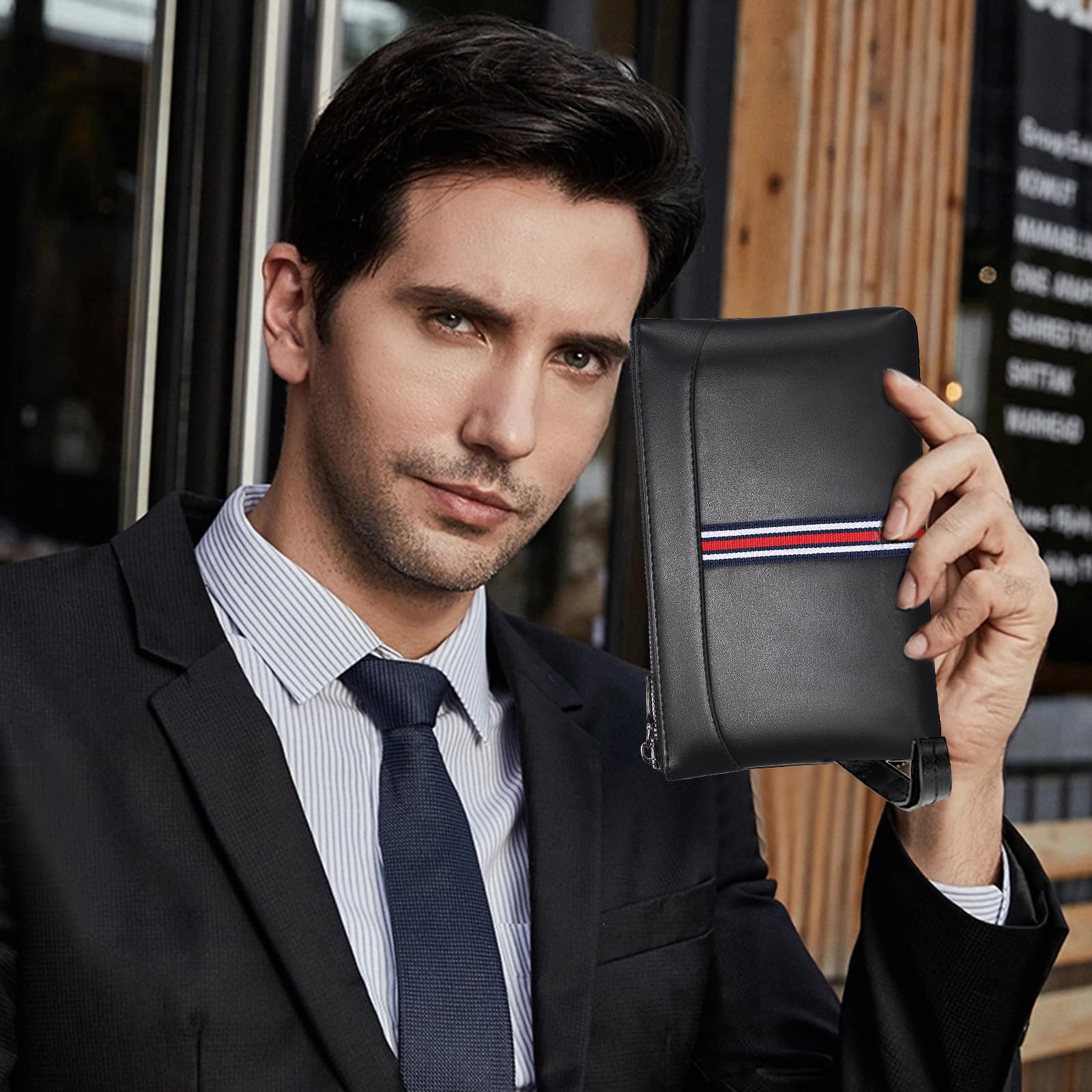 Eshow Pochette Uomo, Borsello a Mano in Pelle Sintetica, Borsa da Polso Nero Grande Capacità para Lavoro Viaggio Ufficio