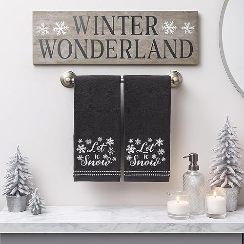 Miniatura 4 de Toallas de Mano para Baño de Navidad  Juego de 2 Gris Oscuro 100% Algodón Bordadas "Let It Snow" Diseño de Copos de Nieve  16" x 25" Toallas