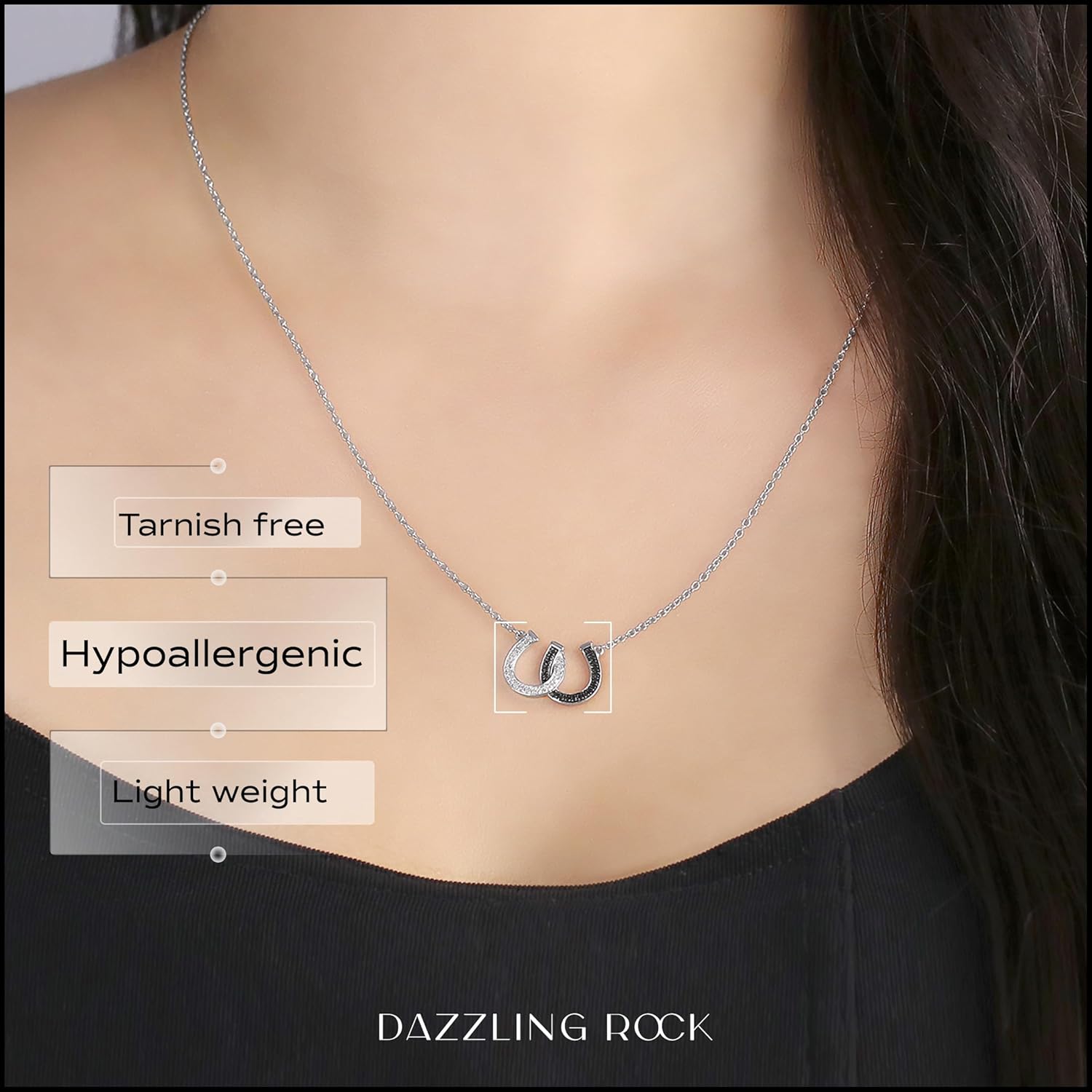 Dazzlingrock Collection 0.12 Carat (Ctw) Round Black & White Diamond Double Horseshoe Pendant with 18 inch Silver Chain for Women in in 925 Sterling Silver