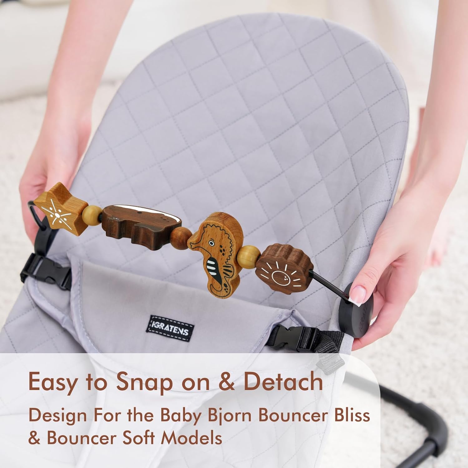 iGRATENS Baby Bjorn Bouncer Toy Bar - Toy Bar for Baby Bouncer Soft & Bliss, Easy to Attach and Remove, 360°Rotating Natural Wooden Toys, Exciting Design for Curious Babies, Sea Animals
