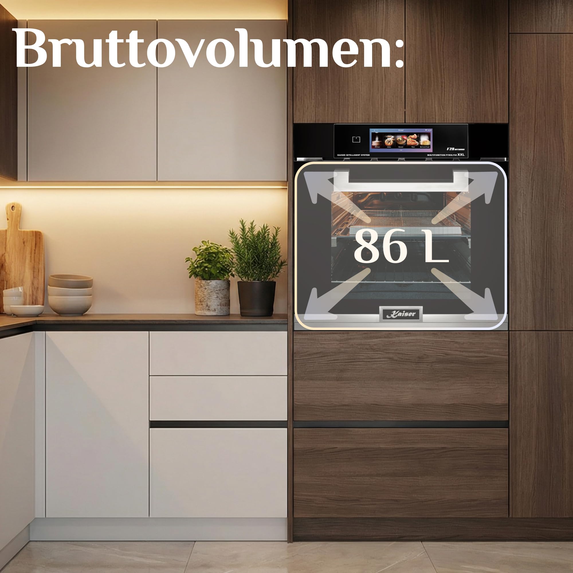 Kaiser EH 6344 Air Fryer Pyrolyse Einbaubackofen 79L – Backofen mit TFT Display, Heißluftfritteuse, Pyrolyse Selbstreinigung, Dampfreinigung, 29 Funktionen, Temperatursonde, Schwarz/INOX