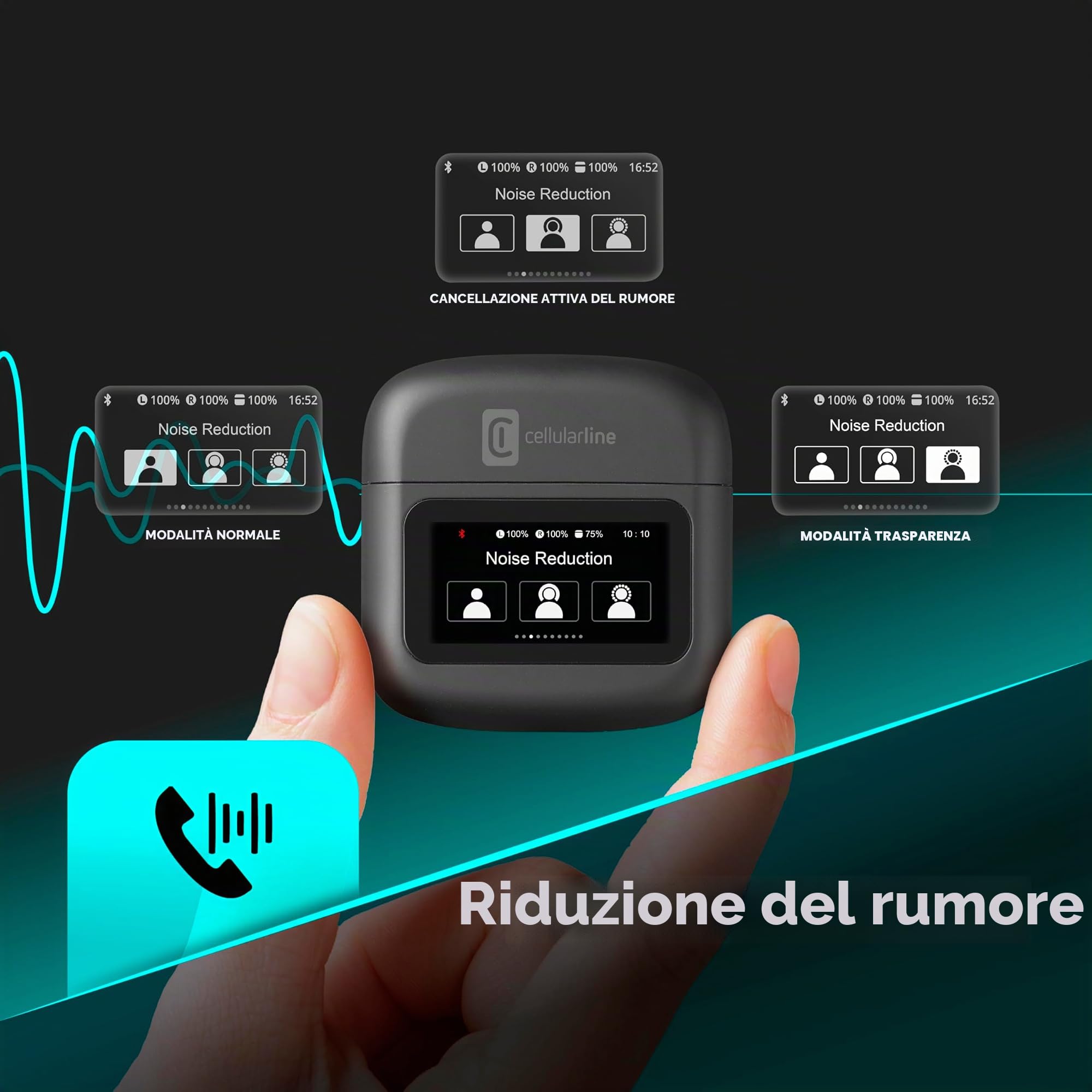 cellularline HUSH Auricolari Bluetooth In-Ear con Display Touch, Active Noise Cancelling, Noise-Free Calls, 5 EQ, Autopairing, 42h Play Time, Chiusura Magnetica per Ricarica