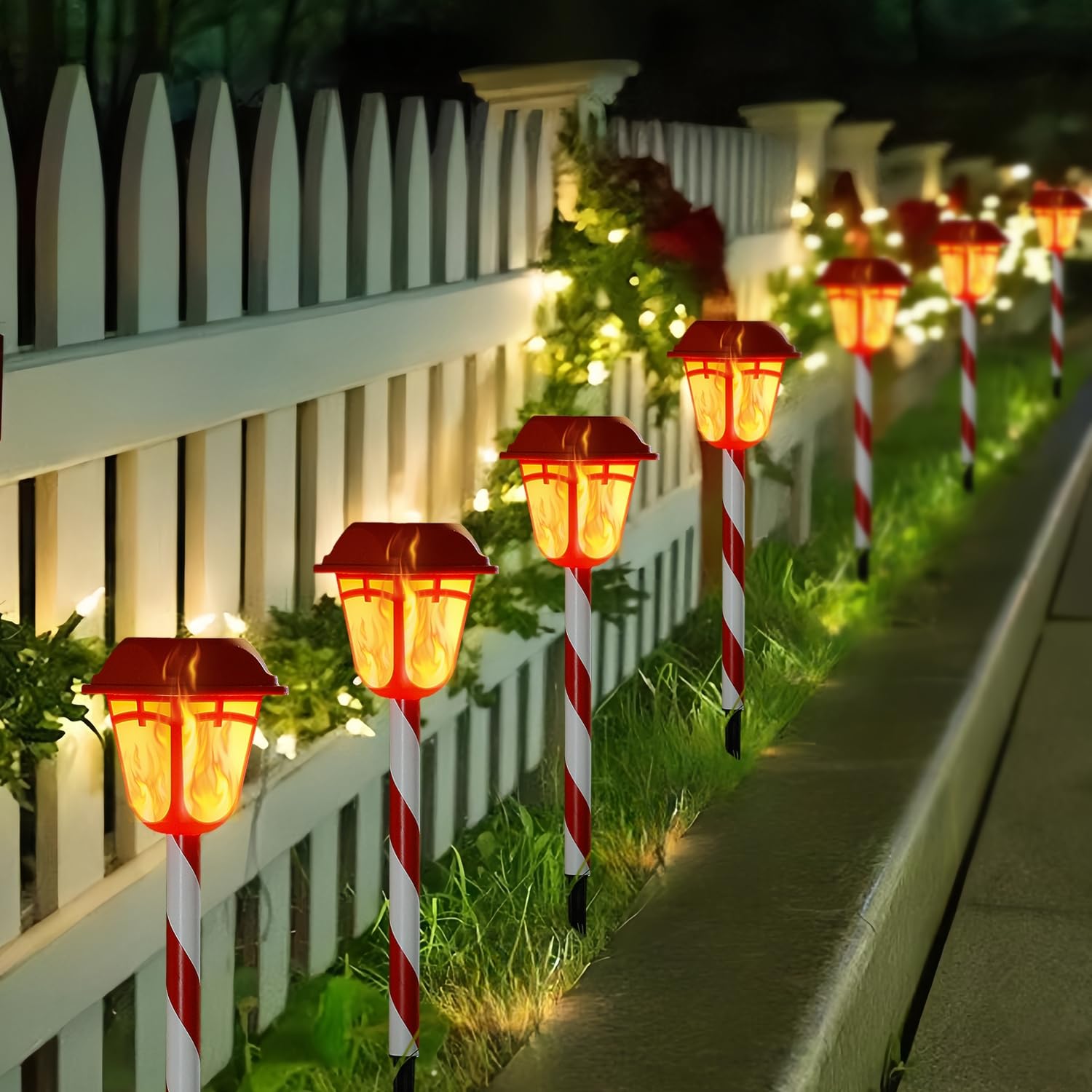 Dynaming 9 Pack Outdoor Solar Flimmern Flamme Taschenlampe, Rot & Weiß Candy Schilf Weihnachten Wegmarker, Wasserdicht & Auto Ein/Aus für Weihnachten Patio Hof Walkway Auffahrt