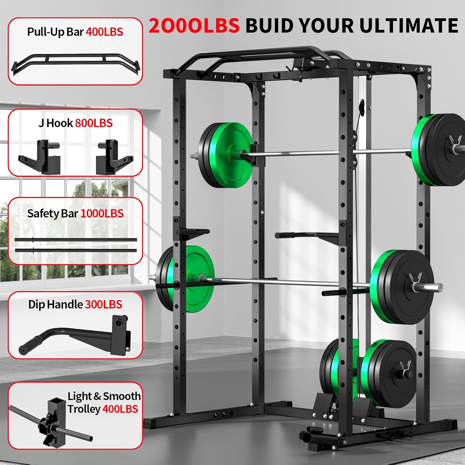 JEEKEE Power Rack with LAT Pulldown, 2000LBS Power Cage with Cable System, Multi-Function Squat Rack with J-Hooks, Safety Bars, Landmine, Pull Up Bar & Attachments for Home Gym Strength Training