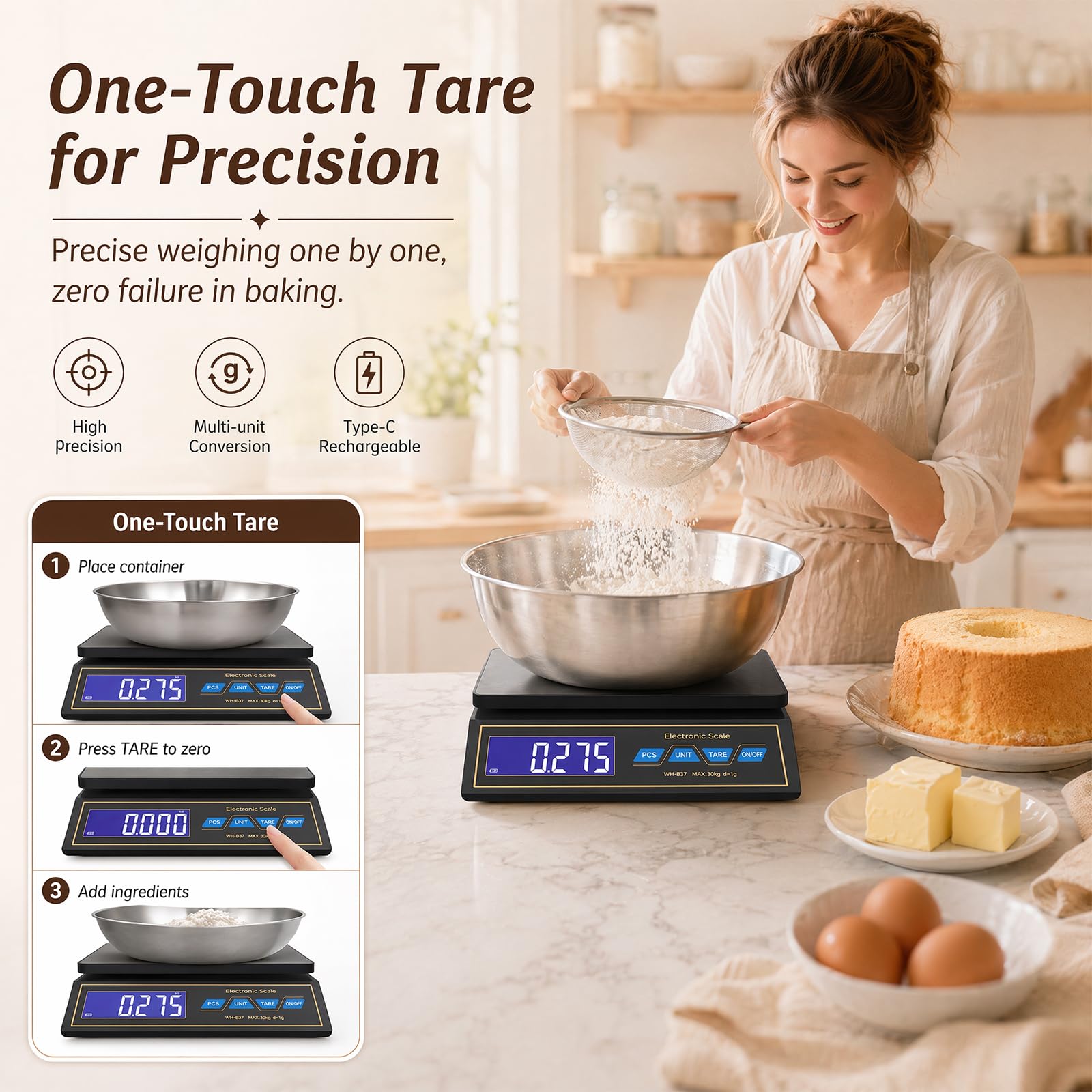 RANJIMA Bilancia da cucina, 30 kg / 66lbs, bilancia digitale in acciaio inox, bilancia per pacchi, bilancia di precisione da 1 g, per la misurazione di carne, salsicce, caffè con LCD, funzione di