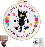 Louise Maelys Cute Cat Embroidery Kit for Beginners - Funny 'Everything is Fine' Cross Stitch Starter Set with Hoop, Floss & Instructions