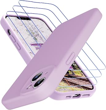 Uluck iPhone 14 Case + Tempered Glass Set [1 Mobile Phone Case + 3 Tempered Glass] Liquid Silicone Mobile Phone Case with 9H Screen Protector Compatible with iPhone 14 6.1 Inch Morandi Pink