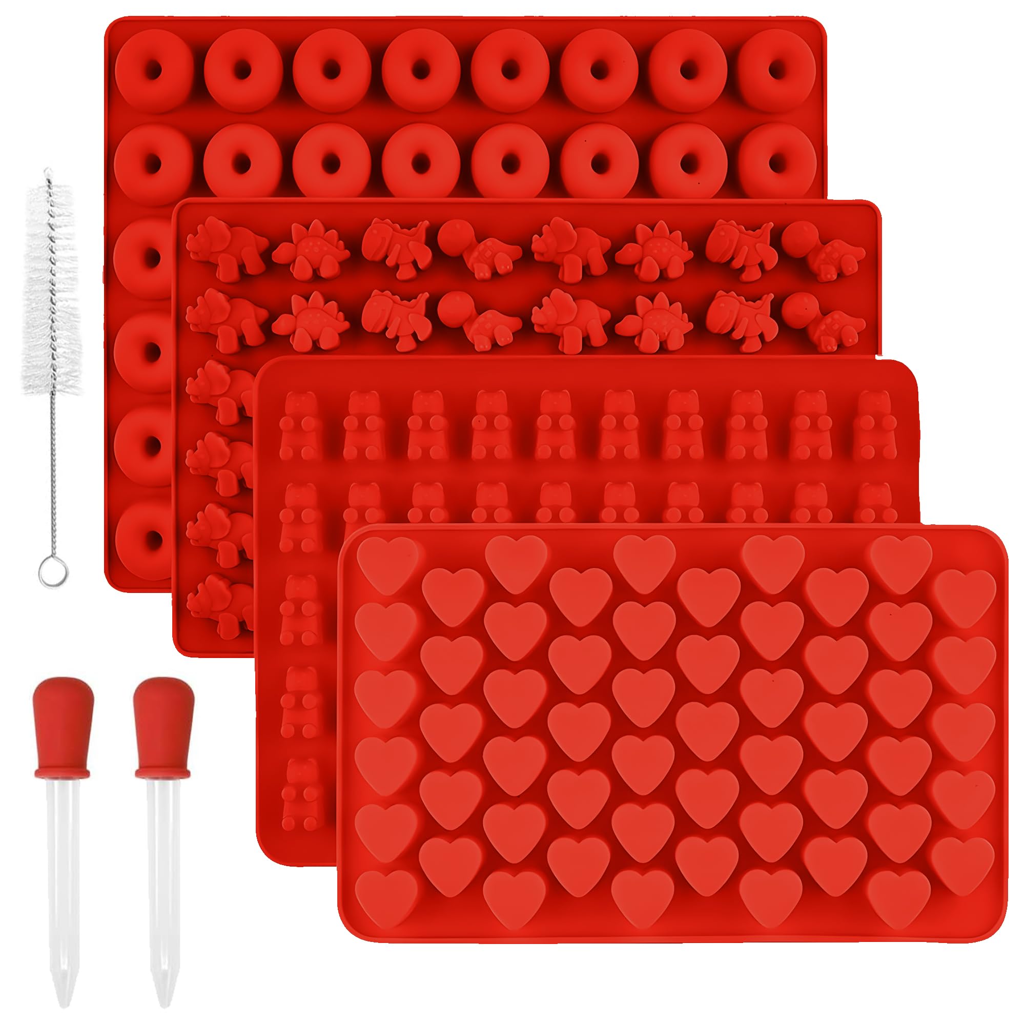 SAGOOITS Silicone Gummy Candy Molds Set - 4 Mini Shapes (Dinosaur, Bear, Heart, Donut) With Droppers - View #4