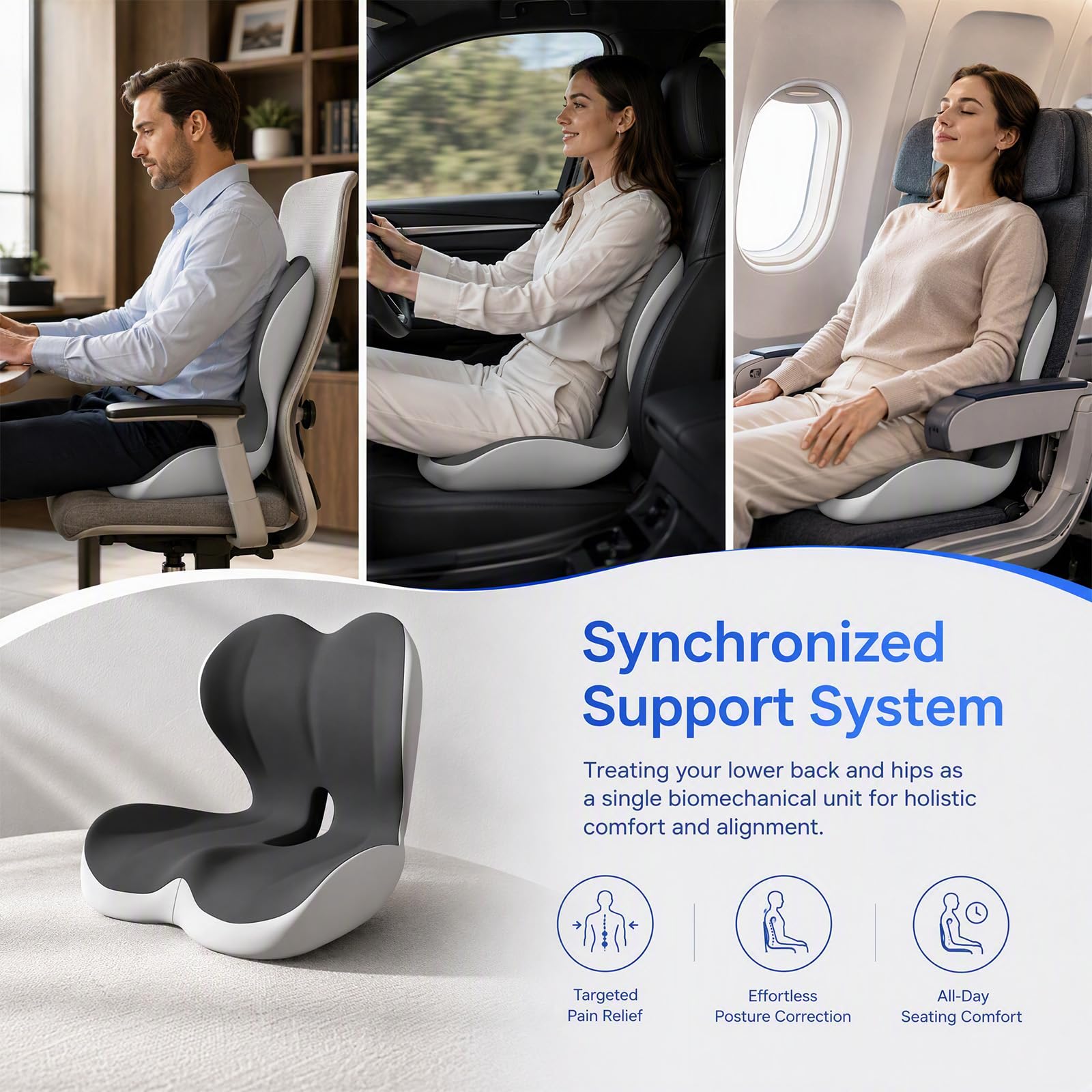 Cuscino ortopedico con schienale, cuscino ergonomico per sedia da ufficio e auto, cuscino per coccige in memory foam contro il mal di schiena, supporto lombare