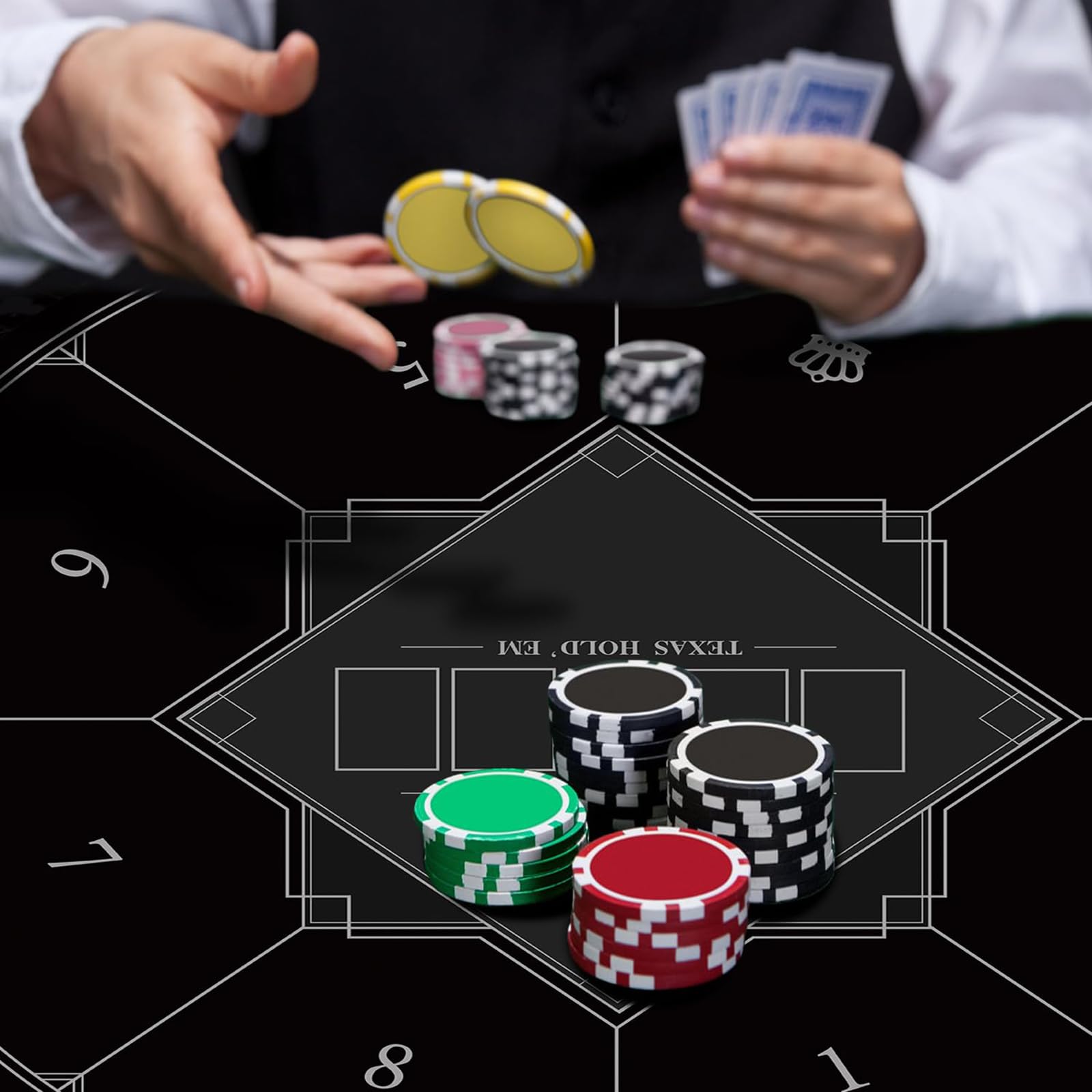 mata do gry w karty, Przenośna okrągła mata do pokera Texas Holdem, składany blat dla 8 graczy z matą nadrukiem w stylu Art Deco(Black,L)