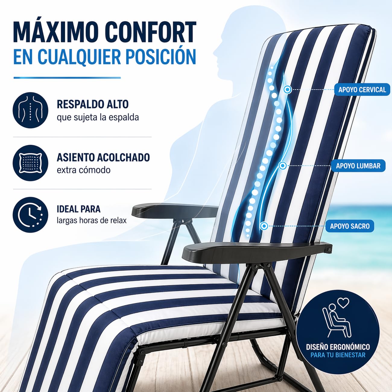 TIENDA EURASIA – Pack 2 Tumbonas Plegables de Camping | Diseño Marinero | 5 Posiciones Reclinables | 84x58x106 cm | Estructura de Aluminio | Soporta hasta 100 kg | Tejido Resistente | Playa y Jardin