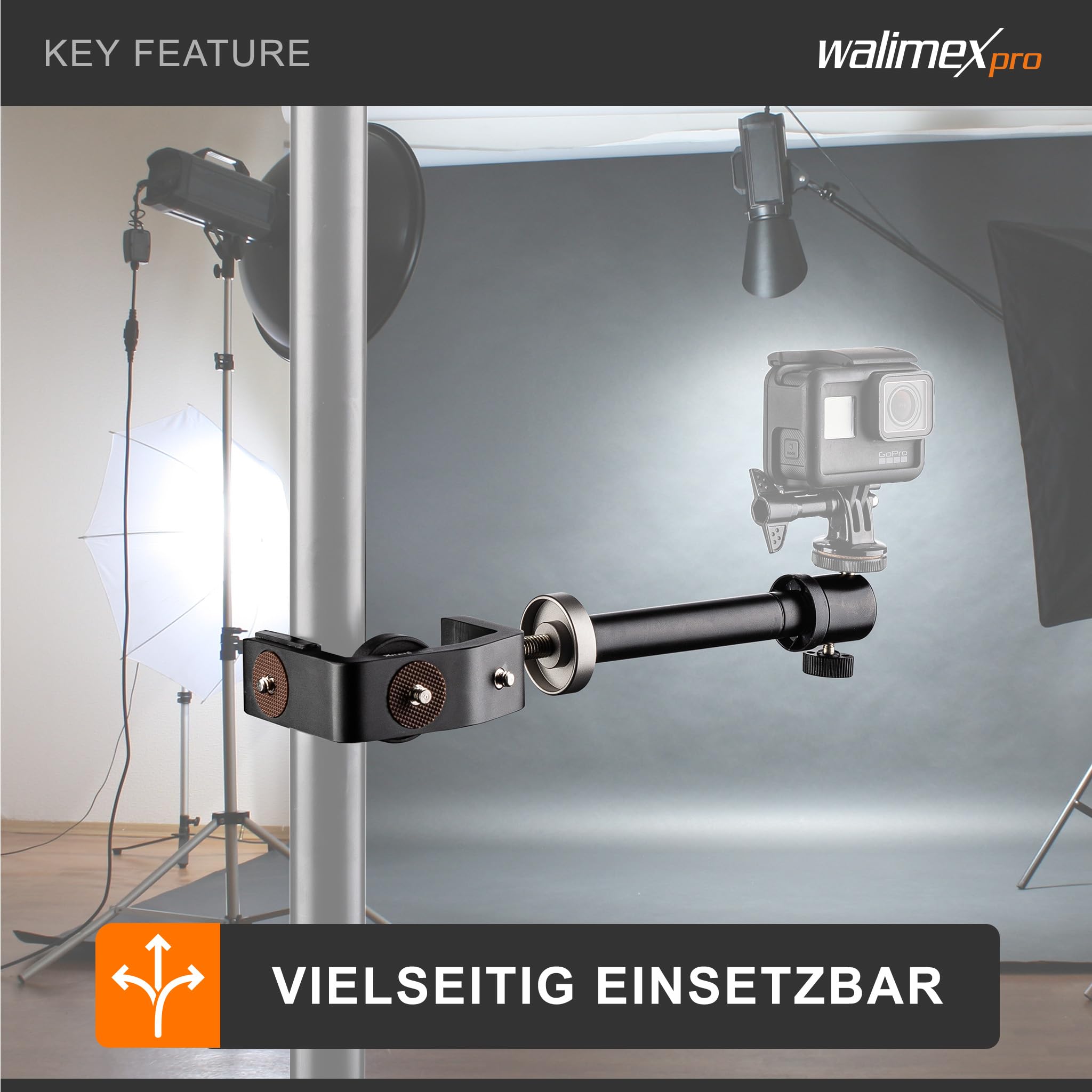 Walimex pro KX-20 Stativ Klemme – Klemmstativ, Blitzklemme, Aluminium, mit ausziehbarer Mittelsäule 12,5-20 cm, für Kamera, LED Leuchten, Halterung für Stativ, Rohr, Platte, Tisch