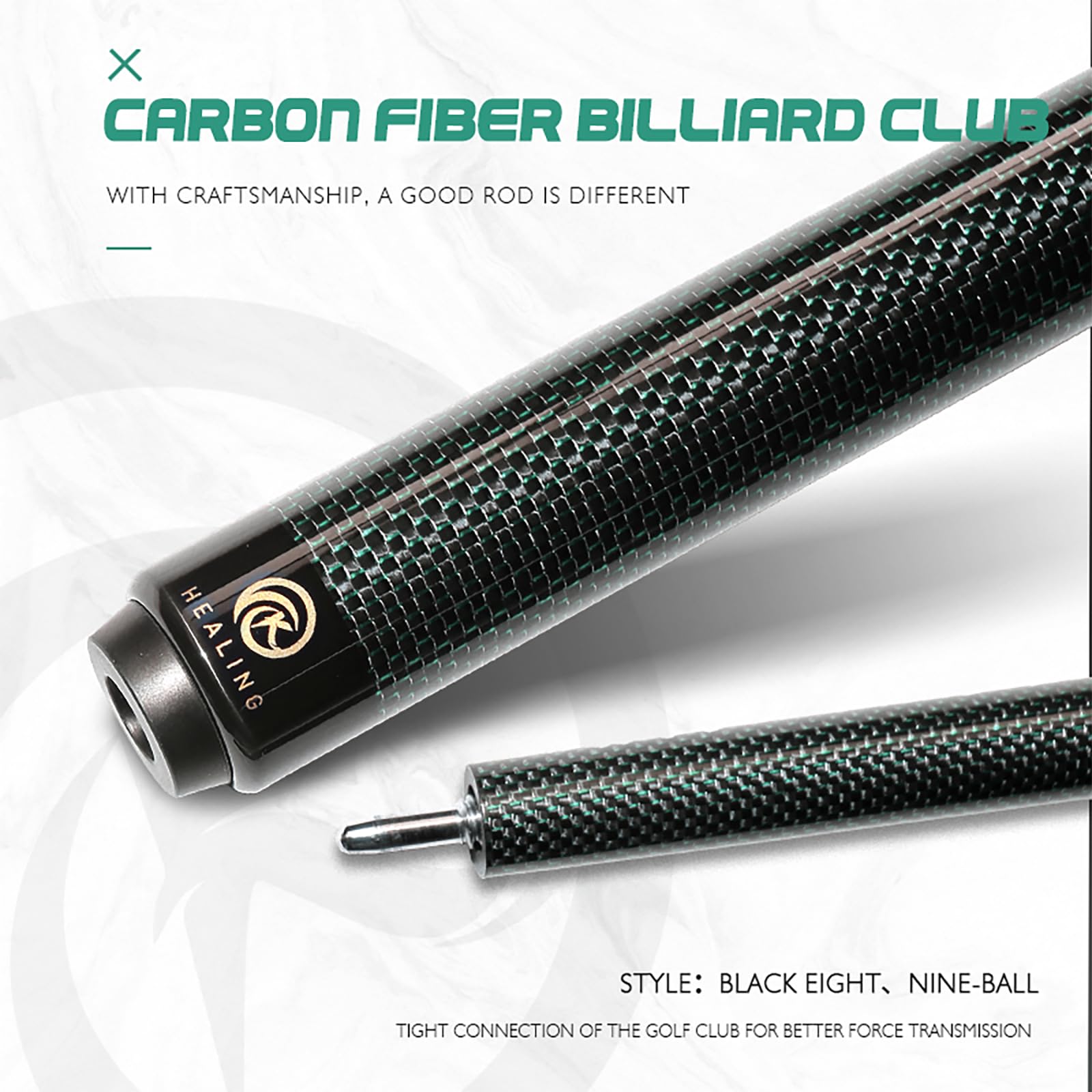 KHEALING Taco de billar de fibra de carbono de 58 pulgadas, estructura 1/2, conector de 3 dientes, punta de 12,4 mm, 540-567 g, adecuada para jugadores de billar profesionales