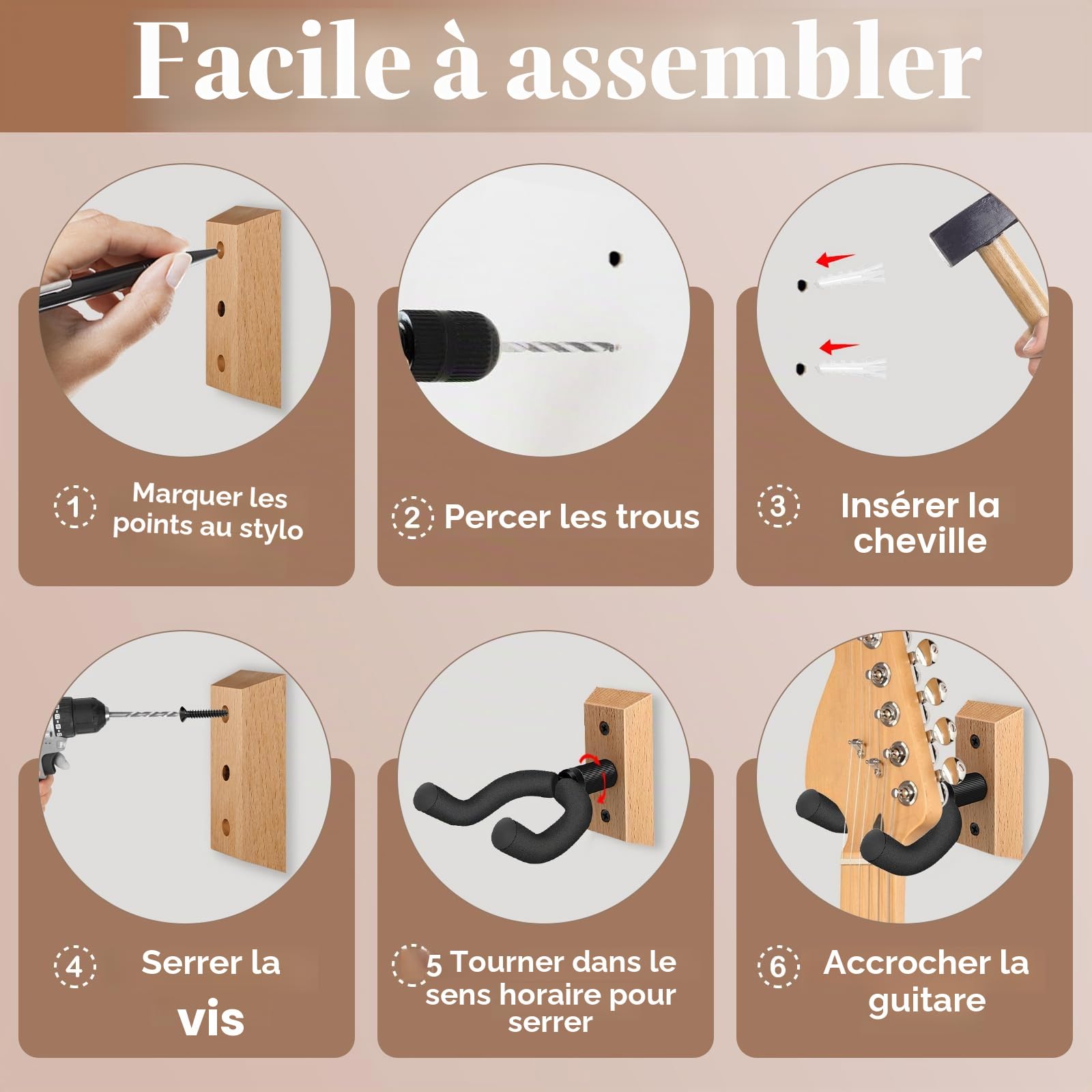 Support Guitare Mural 4 Pack, Support Mural Guitare Avec Crochet Souple Rotatif pour Guitares de Toutes Tailles, Bois dur en U Accroche Guitare Mural pour Acoustique, Guitare Electrique, Basse