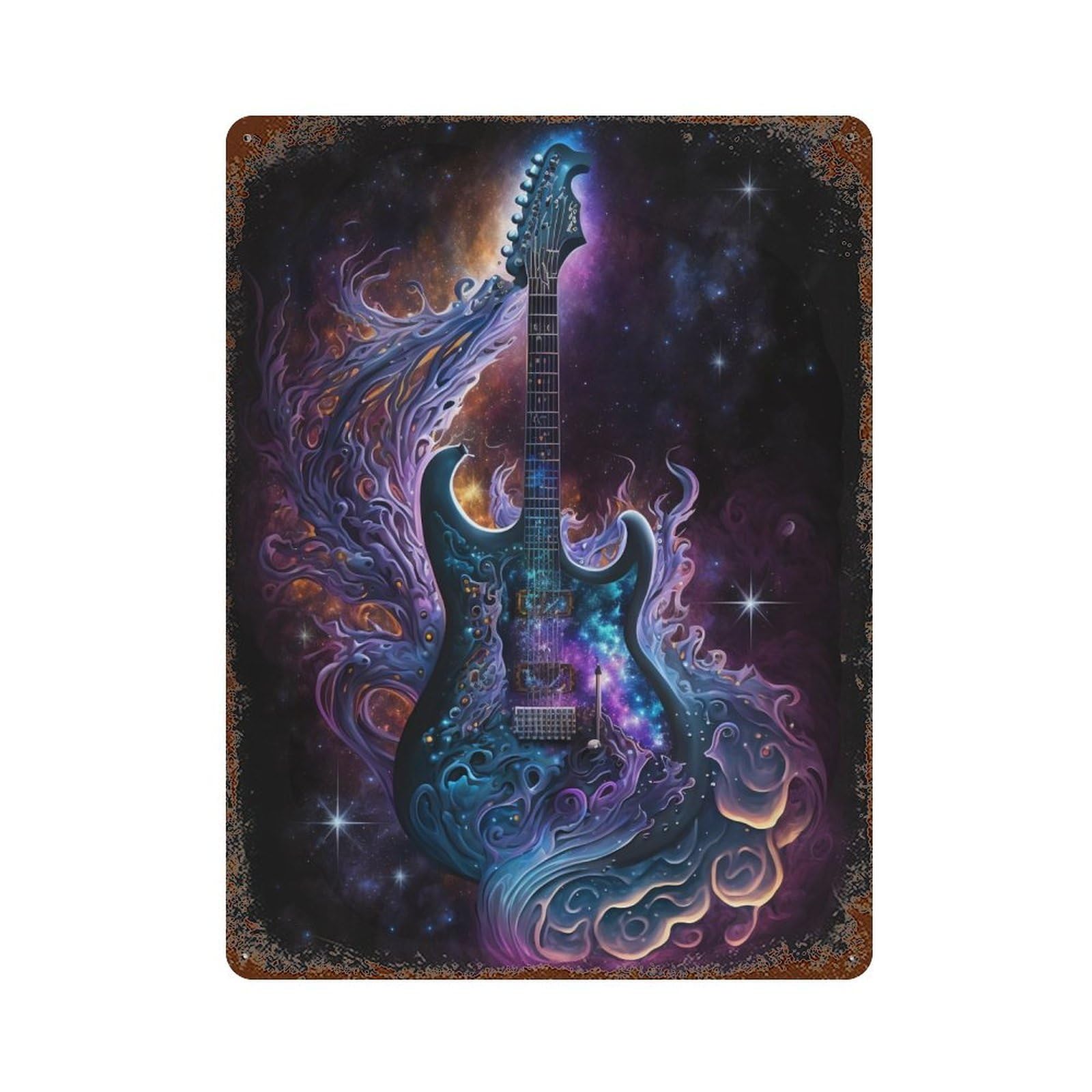 Rust Effect Cosmic Guitar Art Print-2 Rusty Metal Tin Sign 15.7"x11.8", Industrial Home Decor for Living Room, Hallway And Home Decor