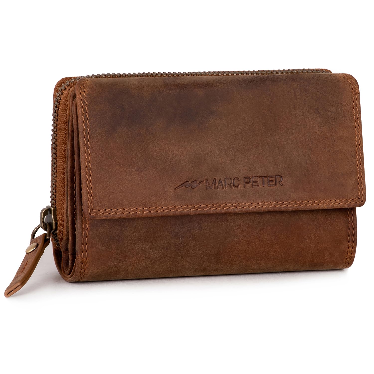 Marc Peter® Rosie Damen Geldbeutel Leder RFID Geldbörse Groß Vintage Portemonnaie für Damen Ledergeldbörse mit Reißverschluss in Geschenkbox Echtleder Vintage Bräune