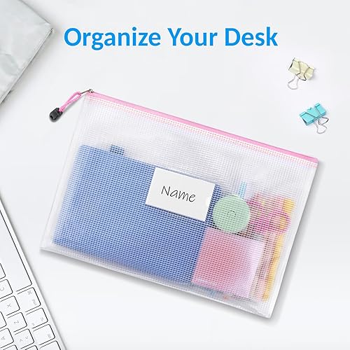 Miniatura 5 de Sooez Paquete de 32 bolsas de malla con cremallera, tamaño A4, bolsas con cremallera con bolsillo para etiquetas, bolsas impermeables con cremallera