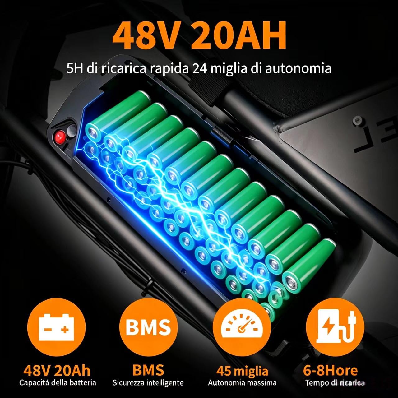 La bici elettrica DK400Max è dotata di due motori, una batteria rimovibile da 48 V 20Ah e pneumatici fuoristrada a sospensione completa da 20×4 pollici, che la rendono adatta a tutti i tipi di terr