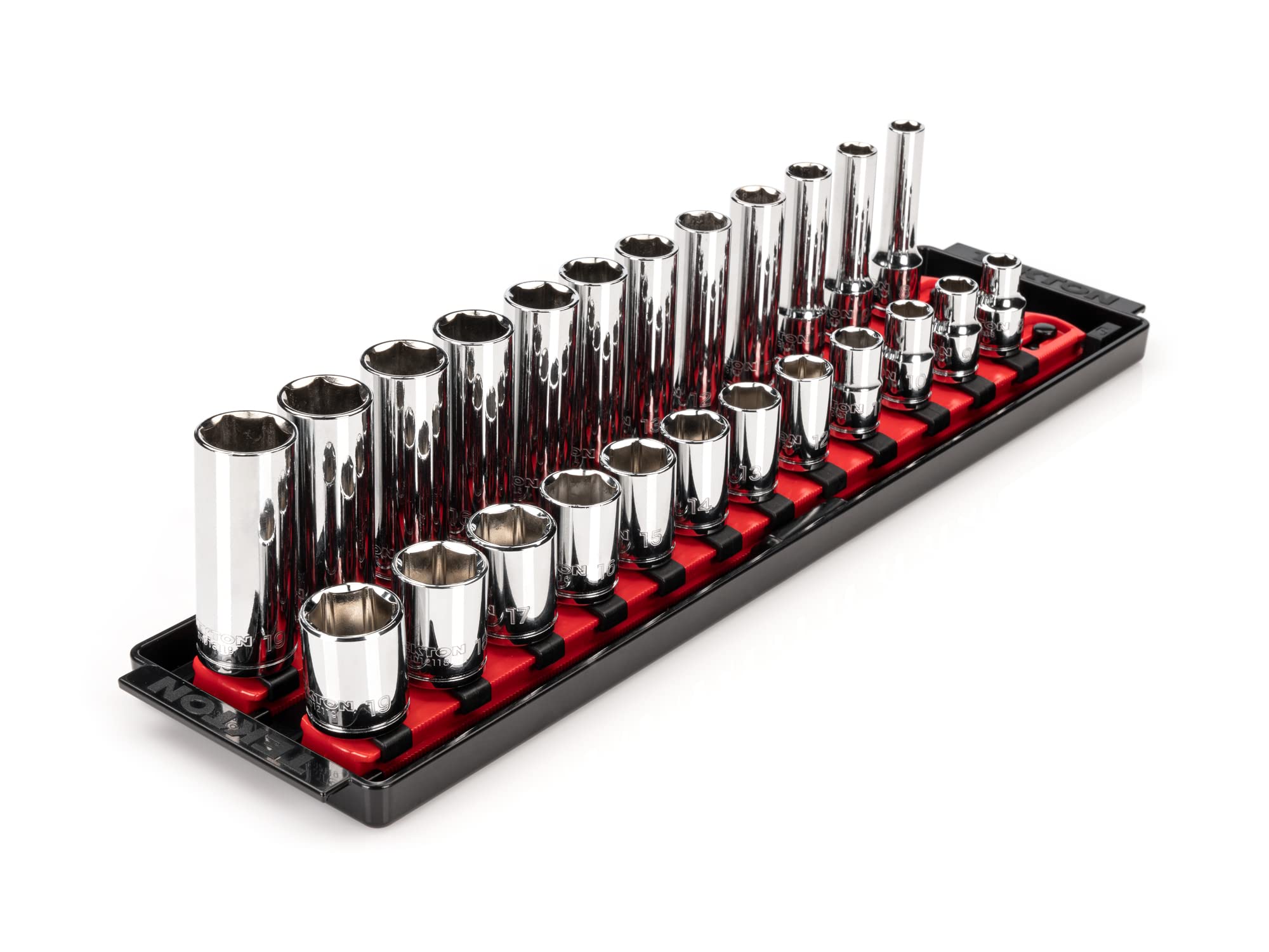 TEKTON 3/8 Inch Drive Shallow and Deep 6-Point Socket Set with Rails and Tray, 24-Piece (8-19 mm) | SHD91215