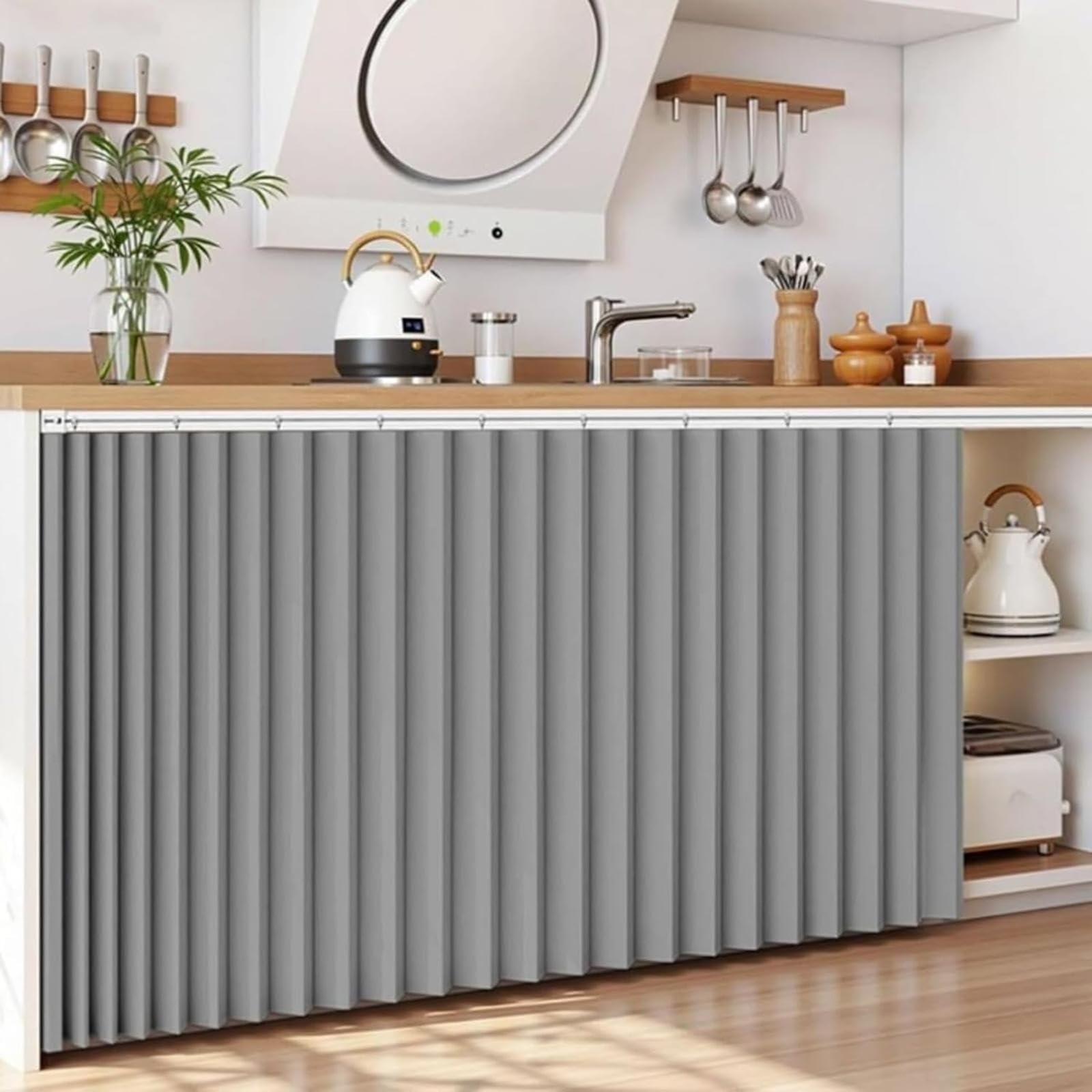 YZBZNG Cupboard Curtain Short Kitchen Curtain Dustproof Waterproof Blackout Privacy Panel Accordion Folding Design With Sliding Rail for Bathroom Pantry Wardrobe Shelves,Grey-W100cm/H130cm