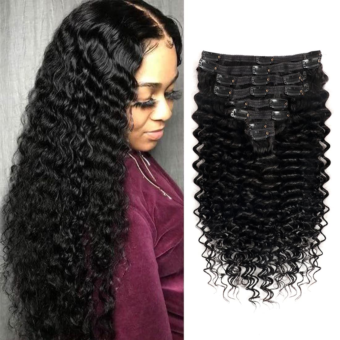 Pobokix Deep Wave Clip in Hair Extensions Real Human Hair Brazilian Virgin Human Hair Clip in Extensions for Black Women 8Pcs Remy Hair with 18Clips