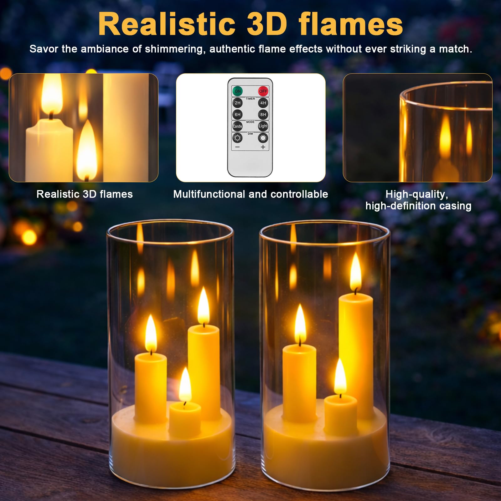 Eynshoo Flammenlose 3-in-1-Kegelkerze mit Fernbedienung und Timer, batteriebetriebene LED-Kerze mit 3D-flackerndem Docht, Acryl, für Heimdekoration, Urlaubspartys und Hochzeitsdekoration (2 Stück)