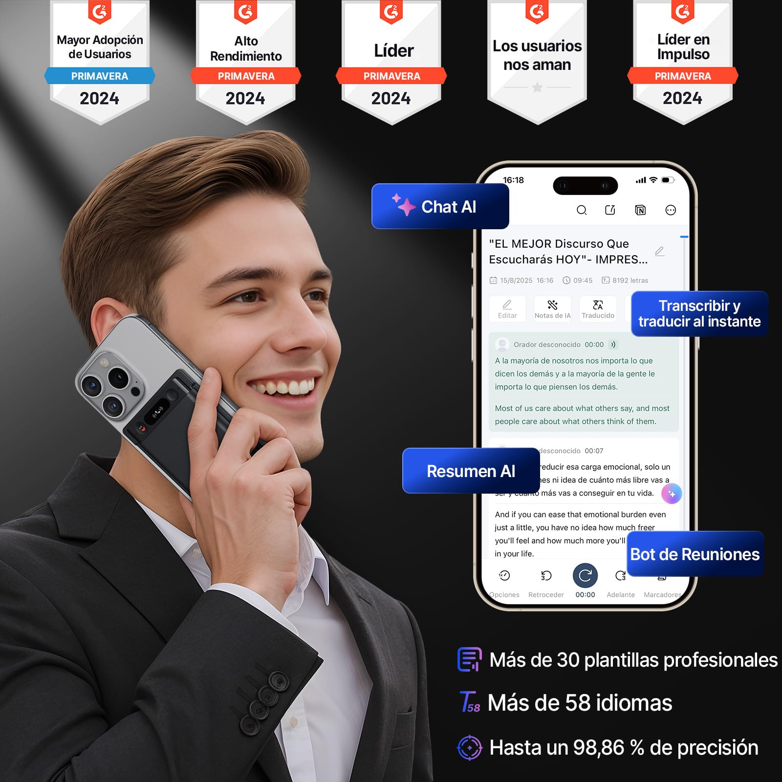 Grabadora de Voz AI, Notta Memo Grabadora Digital con Estuche, Transcripción & Resumen AI en 58 Idiomas, Memoria 2000h, Grabación con un Toque para Llamadas, Reuniones, Entrevistas, Clases