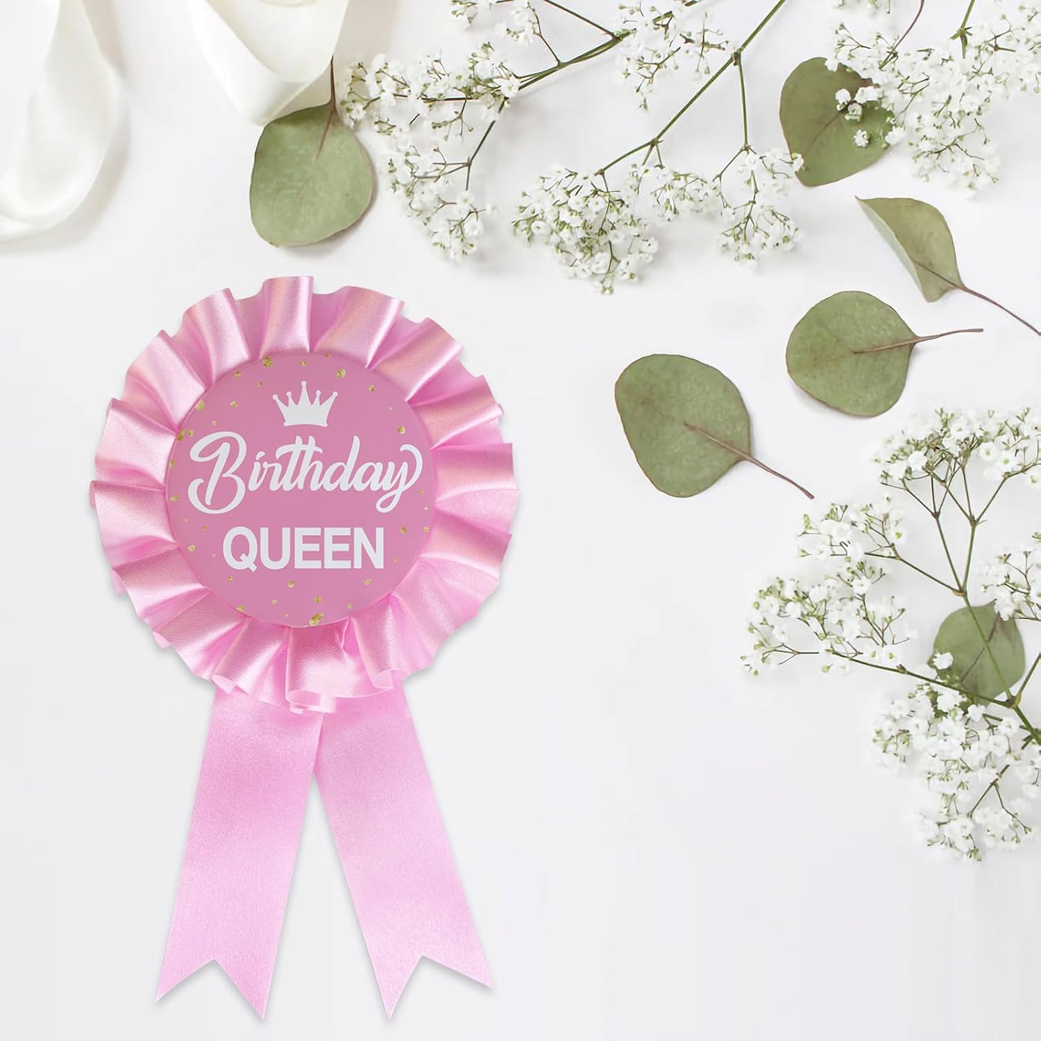 Birthday Queen Tinplate Badge Pin, Happy Birthday Rosette Button Pin Girl or Women Pink Award Ribbon Party Decorations Sign