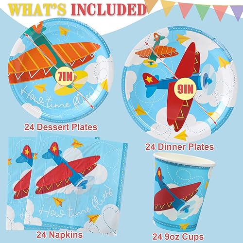 Miniatura 2 de Decoraciones de fiesta de cumpleaños de avión (sirve 24) platos llanos, platos de postre, vasos, servilletas. Decoración de baby shower de avión y