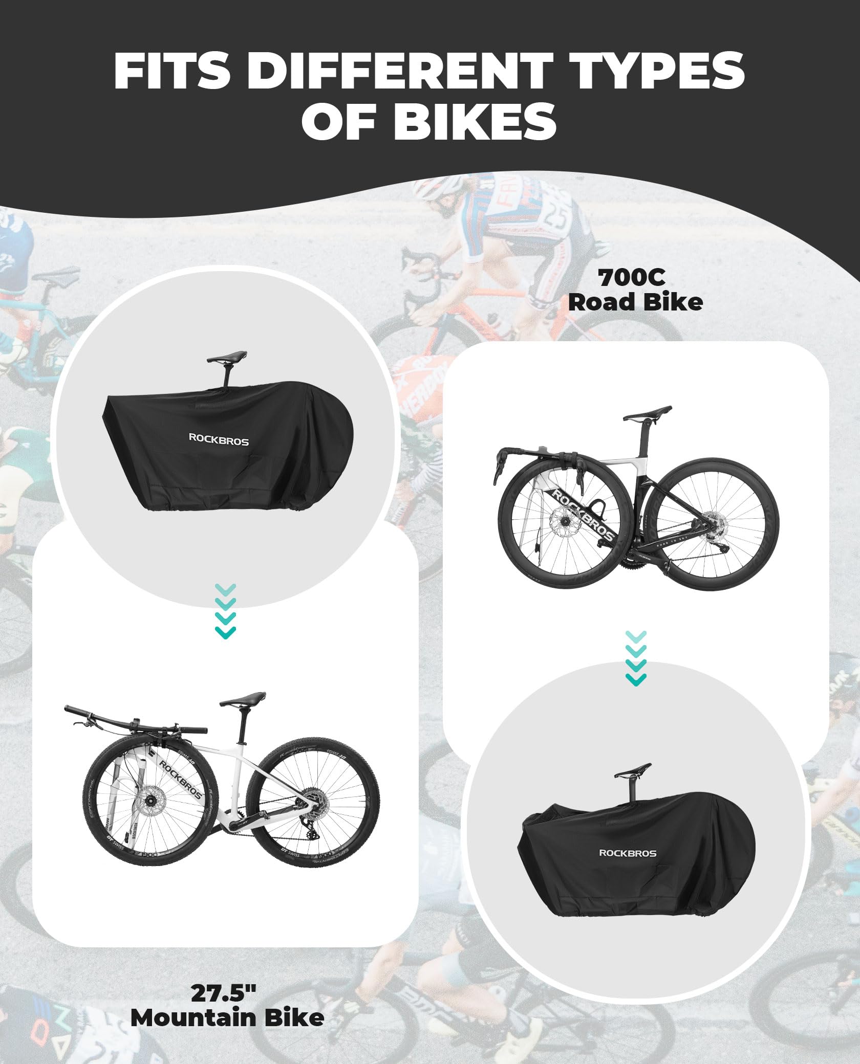 ROCKBROS Housse de Vélo pour 1 Vélo Montagne pour Stockage en Extérieur Housse de Vélo en Polyester avec Protection UV Housse de Transport , 81*151cm, Noir