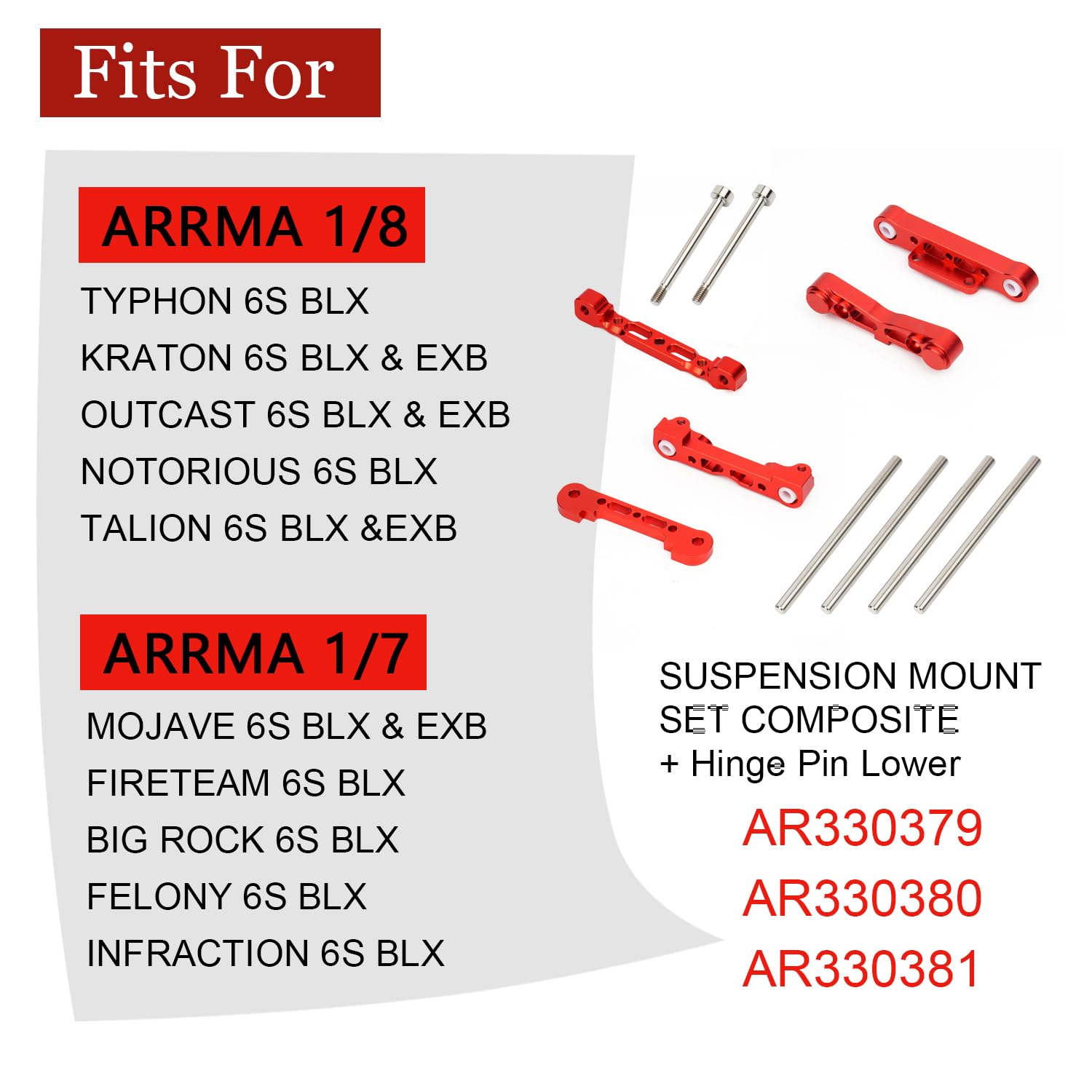 Aluminum Arm Suspension Mount Upgrades Part for Arrma 1/8 Kraton/Notorious/Outcast/Talion/Typhon 1/7 Mojave/Felony/Infraction/Fireteam 6S BLX, Alloy Composite Suspension Mount Set Hinge Pin RC Parts