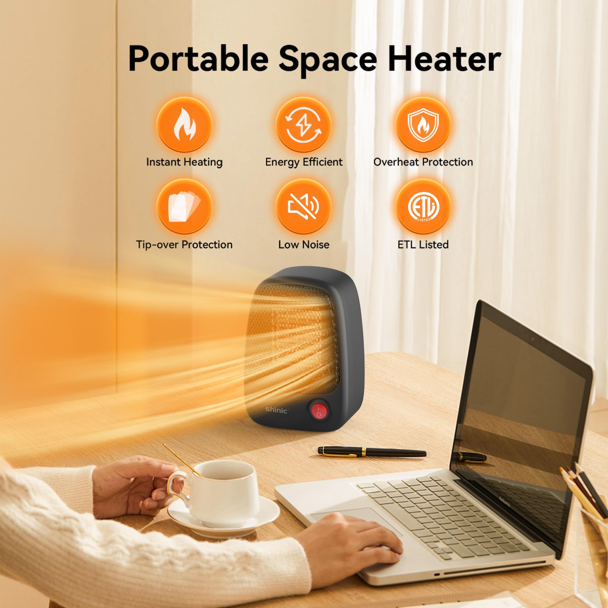 Calentador de espacio pequeño con protección contra sobrecalentamiento, mini calentador de cerámica PTC de 500 W, calentamiento rápido y silencioso, calentador eléctrico portátil para uso en 3