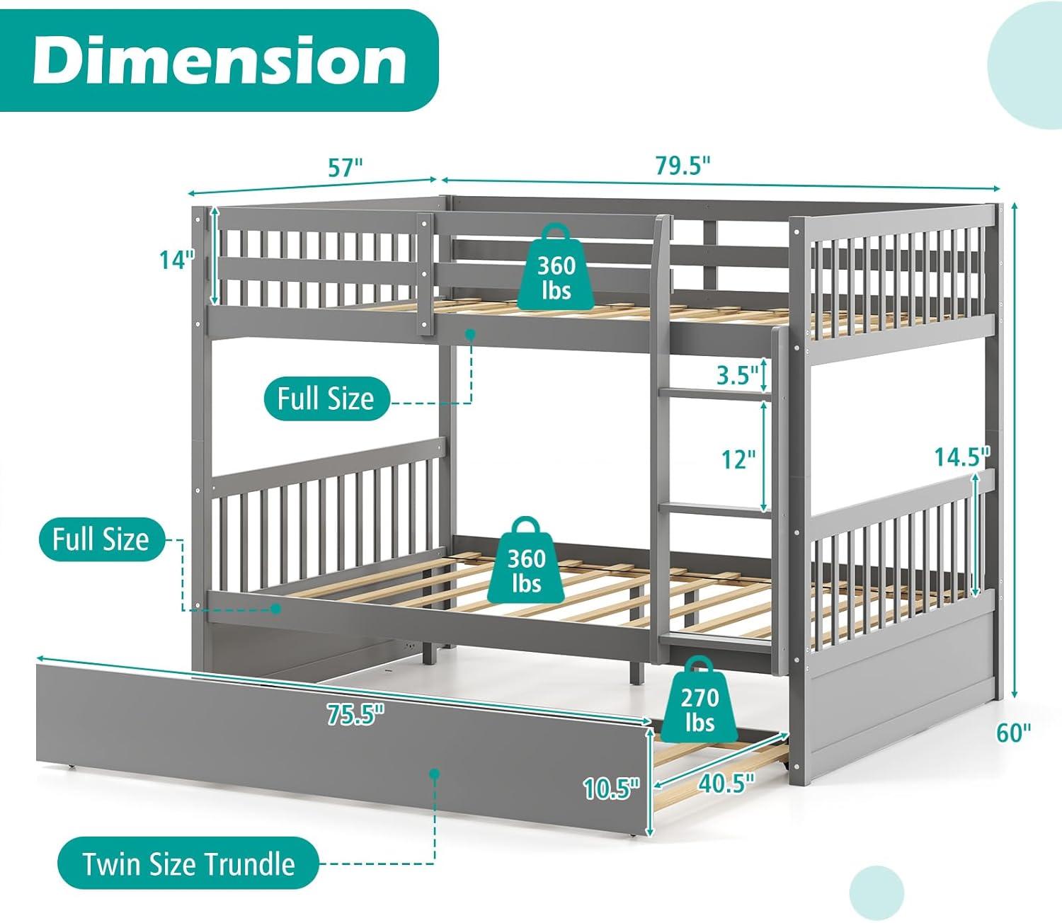 MAT EXPERT Bunk Bed with Trundle, Pine Wood Full Over Full Bunk Beds Frame with Full-Length Guardrails & Ladder, Detachable Bunk Beds Twin Over Full Size for Adults, Teens, Kids (Grey)