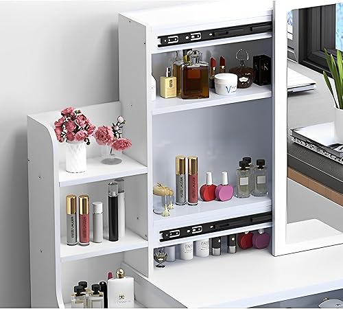 Miniatura 5 de LOXUCVE Tocador de maquillaje con espejo deslizante y luces, 4 cajones y taburete acolchado, almacena tus elementos esenciales de belleza ilumina tu