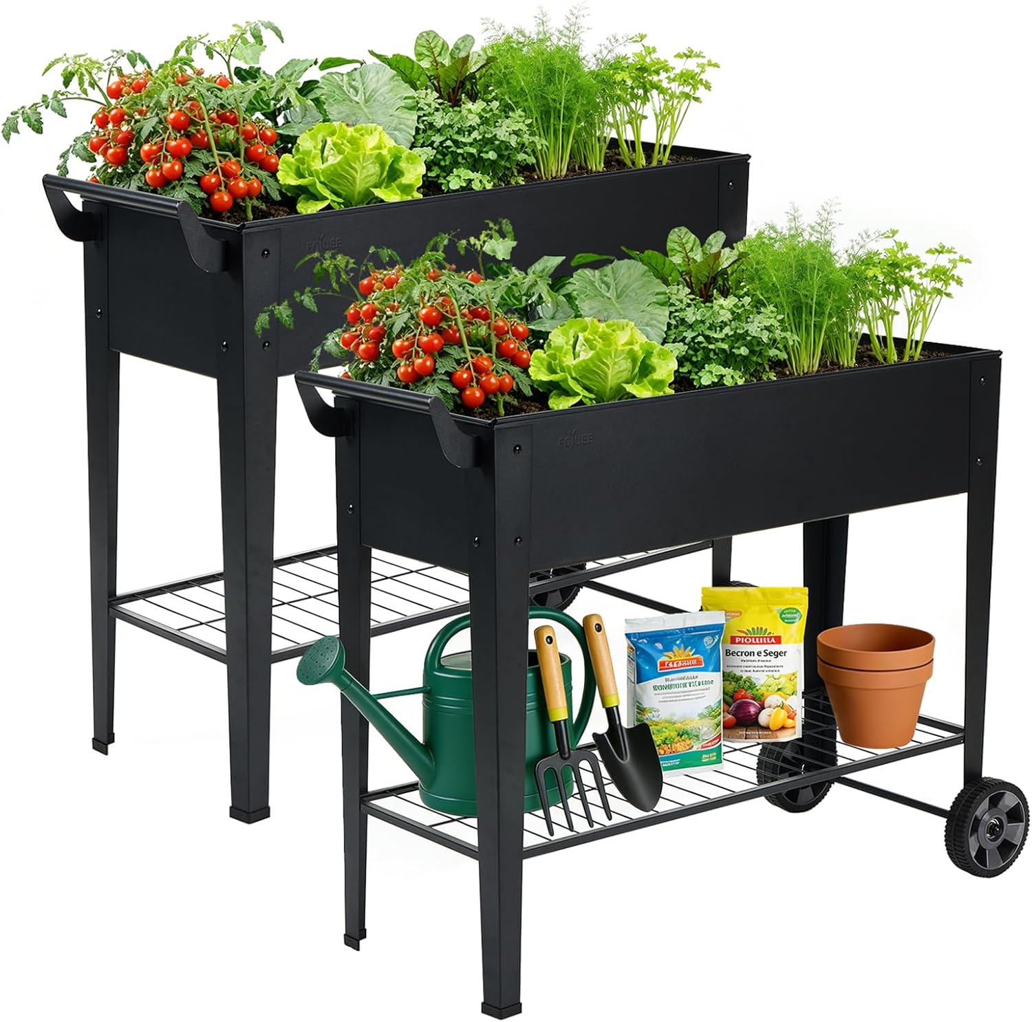 2-Pack 32”Height Elevated Raised Garden Bed with Wheels & Storage Shelf, 400 Lbs Capacity, Anti-Rust, Space-Saving Planter for Vegetables, Herbs, Patio, Balcony, Backyard