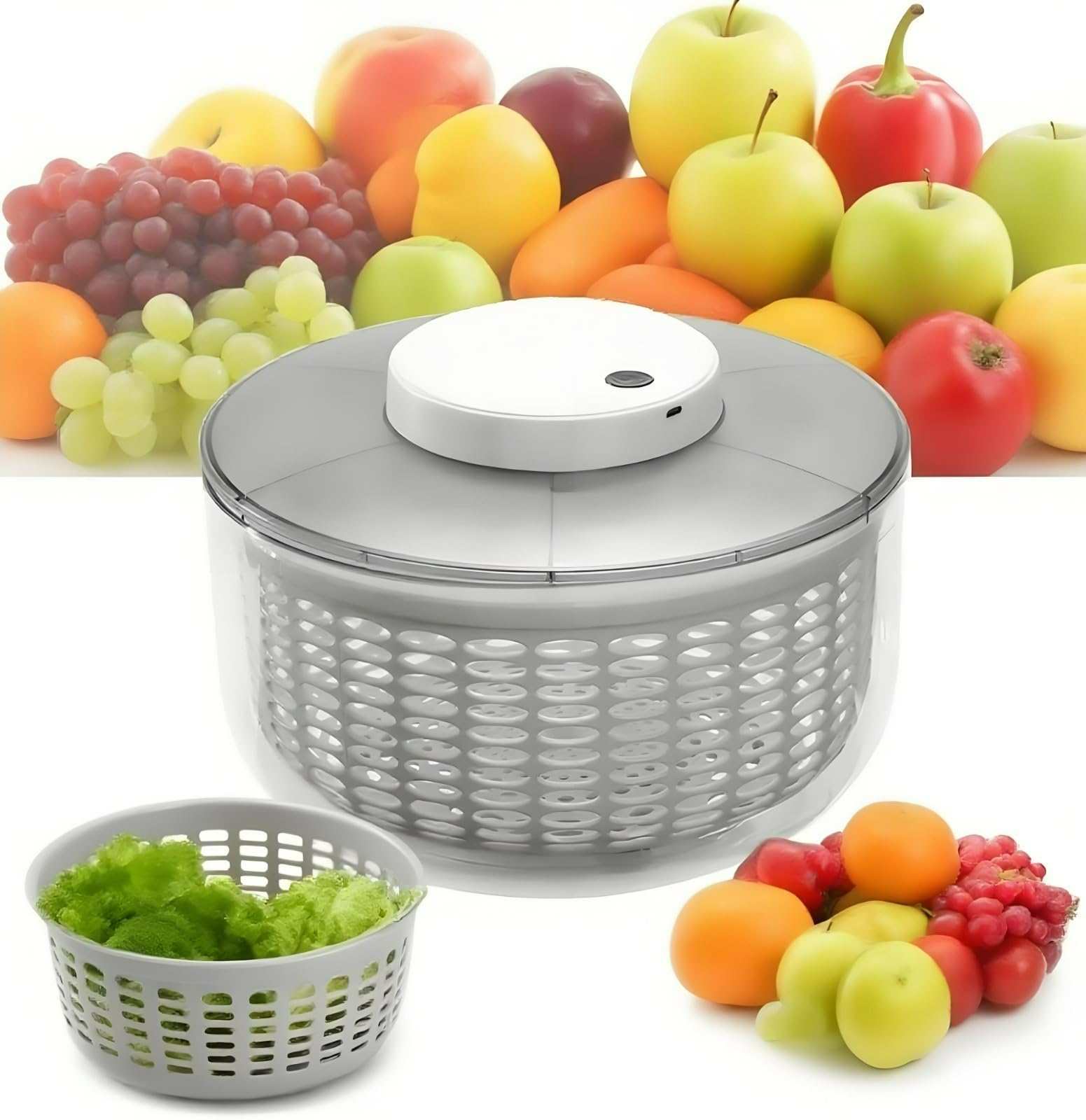 Generico Centrifuga per Insalata 4,5L Elettrica USB Lattuga Spinner Cleaner con Ciotola per l'essiccazione di Verdure Bianca Rotondo