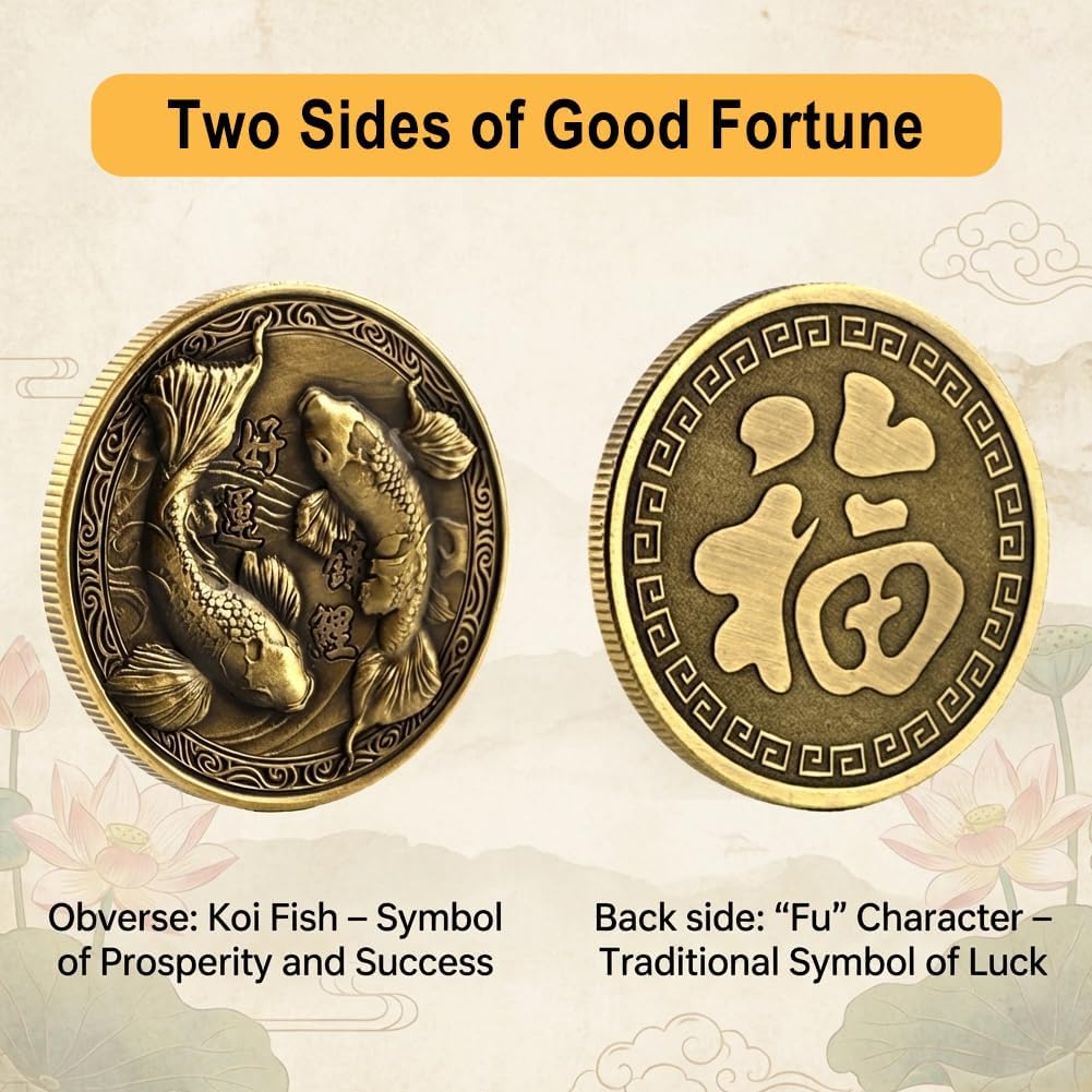 Golden Lucky Coin - Chinese Coins Good Luck Gifts Koi Fish Decor- Symbol of Prosperity & Fortune, Lucky Charms- Lottery Tickets Scratcher Tool