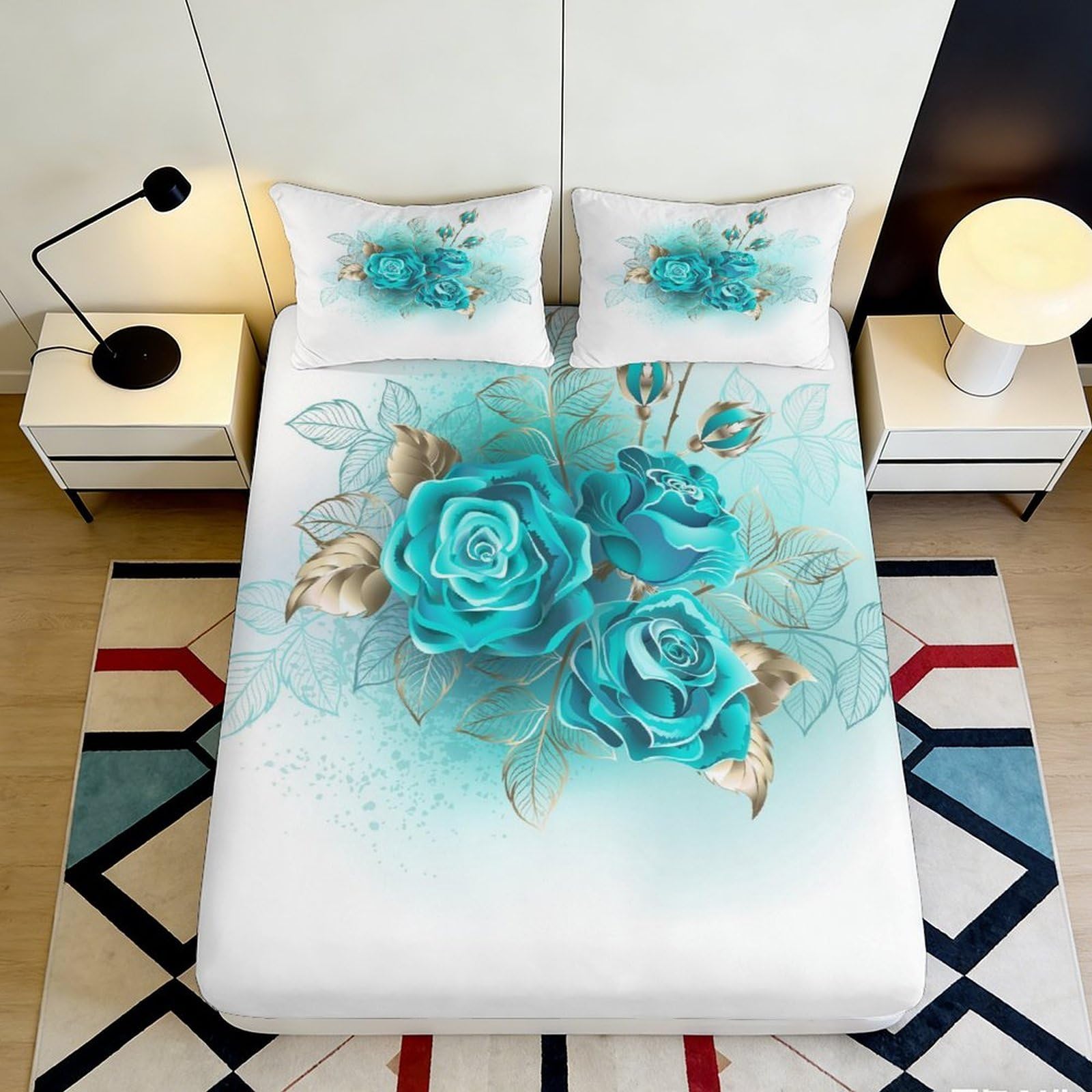 Uxinyoume Style-4 3D Printed Blue Rose Fitted Sheet Microfiber Soft Breathable Golden Leaf Bed Cover For Bedroom Guest Room Mattress Protection 90X200x25cm