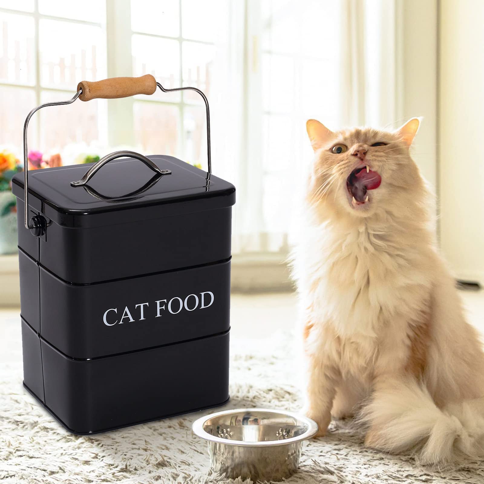 Geyecete- Cajas Almacenamiento de Alimentos y golosinas para Animales, con Mango de Madera y herméticas Tapa, Acero Carbono Revestido Contenedor de Comida para Gatos -Capacidad 3kgs-Negro