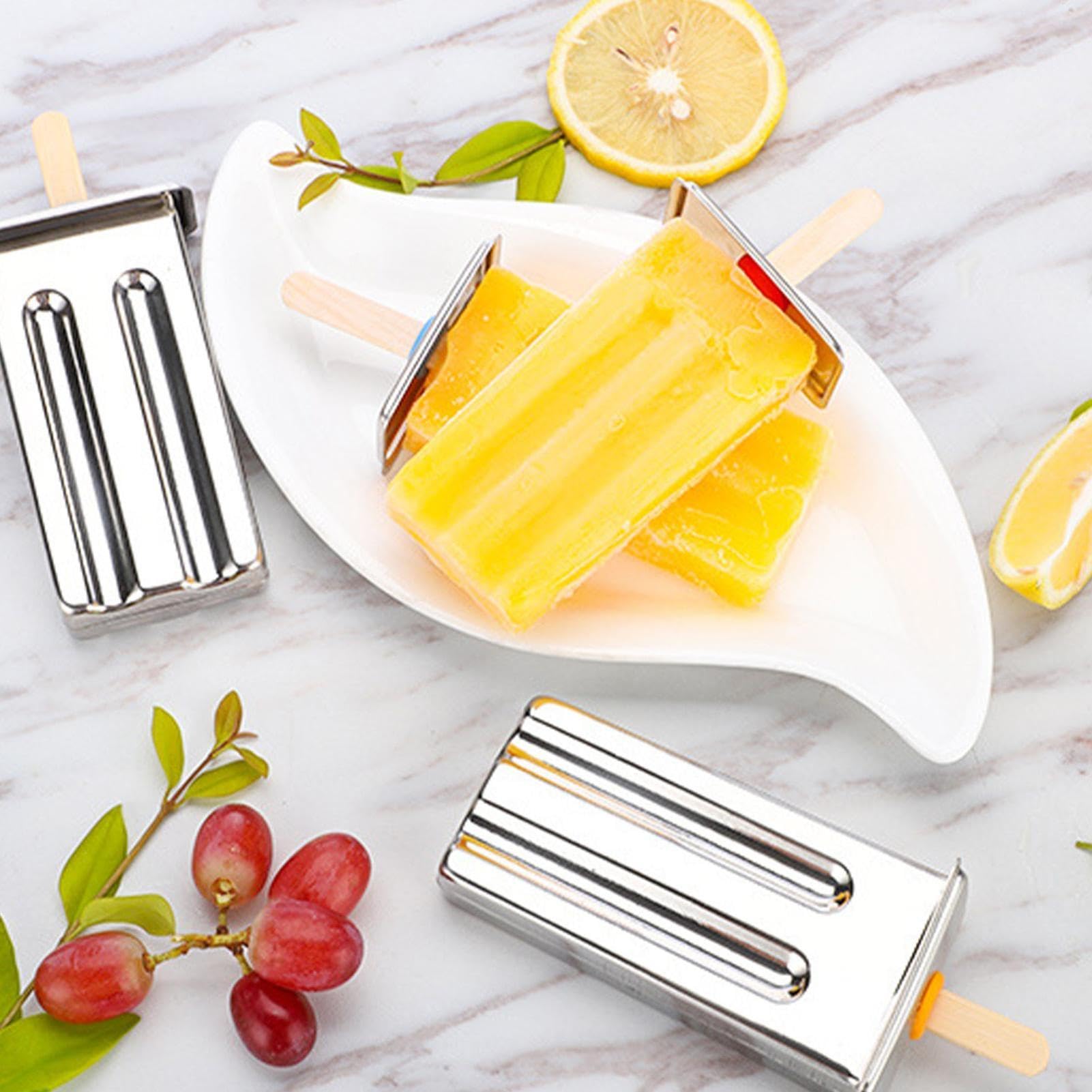 Moldes de acero inoxidable 304 reutilizables para helados de 14 | 5 x 13 x 10 cm, 6 ranuras para hacer paletas de hielo con base de soporte y 100 palos para caseras varios líquidos