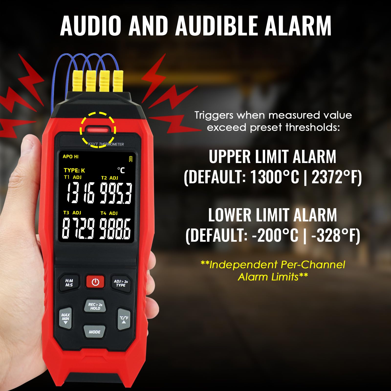Termometro Datalogger Termocoppia K/J -328~2501°F, Display a 4 Canali, Registrazione Dati in Tempo Reale, Allarme Uditivo e Visivo
