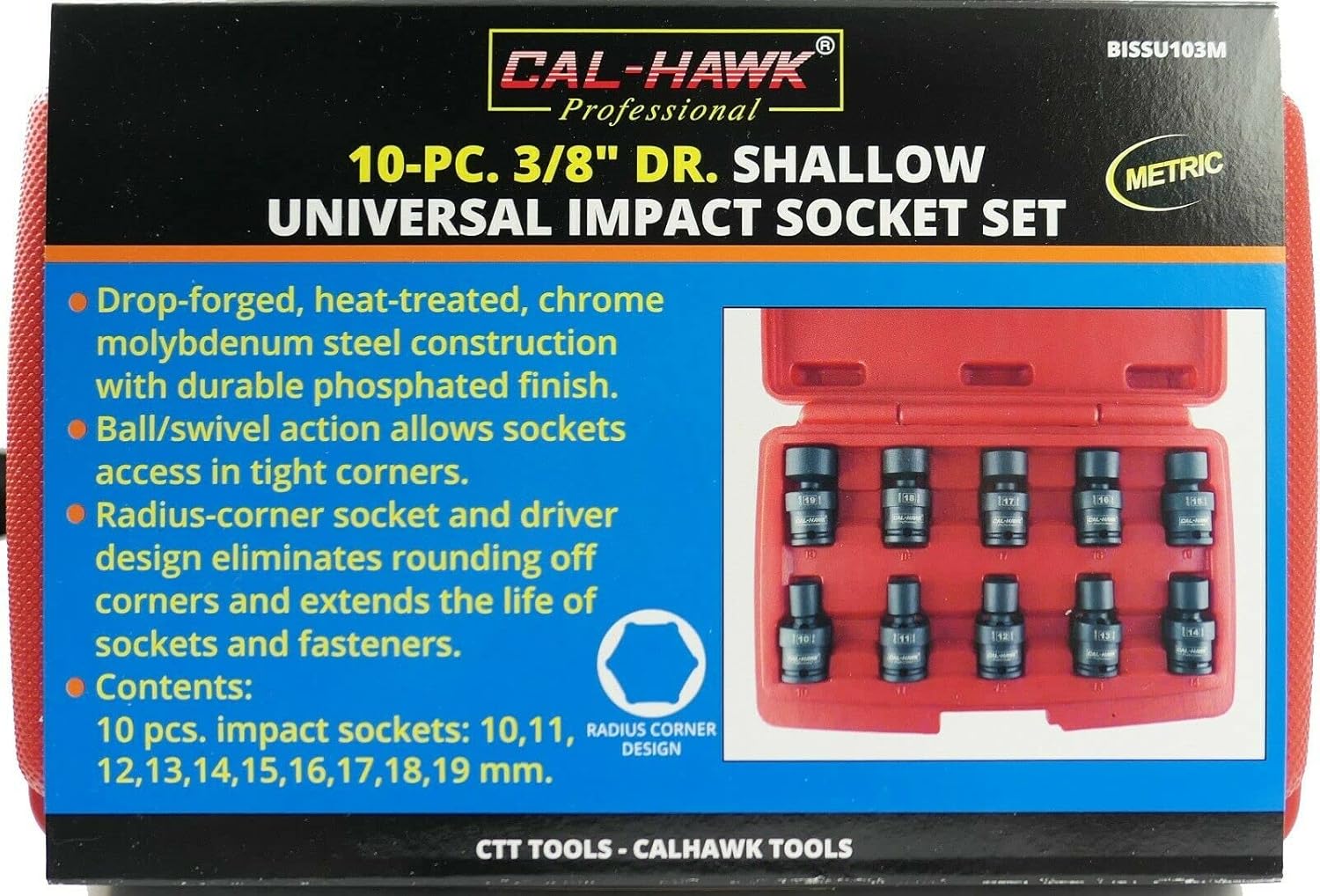 Cal Hawk Tools BISSU103M 10 Piece 3/8" Drive Shallow Universal Impact Ball Metric Socket Set