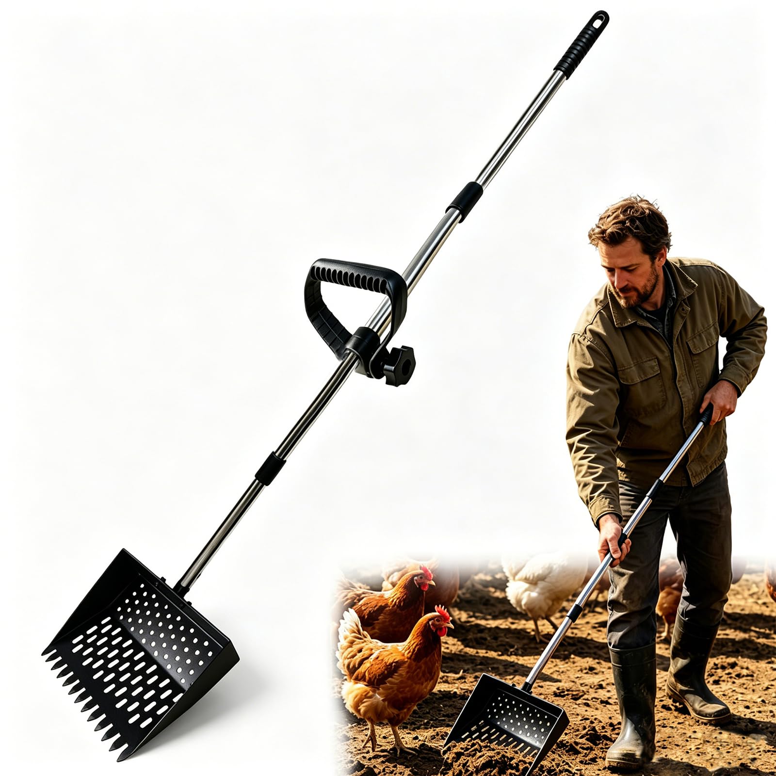 Qtnuerm 2-in-1 Adjustable Chicken Poop Scooper, Metal Litter Shovel for Coop Stall Cleaning, 24-64 Inch Telescoping Stainless Steel Handle