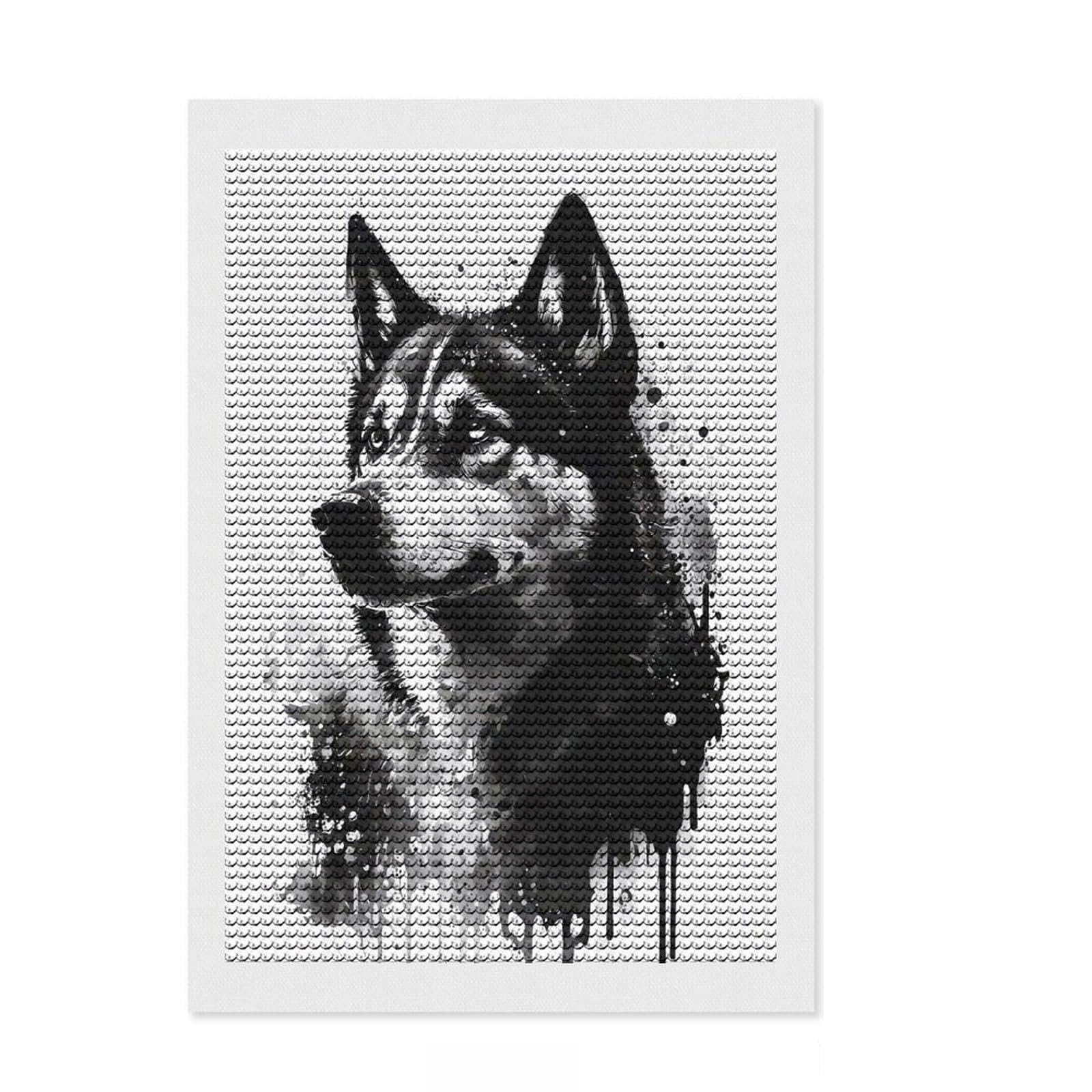 Junmoney Siberian Husky Black Ink Diamond Painting Set 8"x12", Adhesive Canvas, Finish and Display, Office Decor, Birthday Gift, Sparkling Round Gems