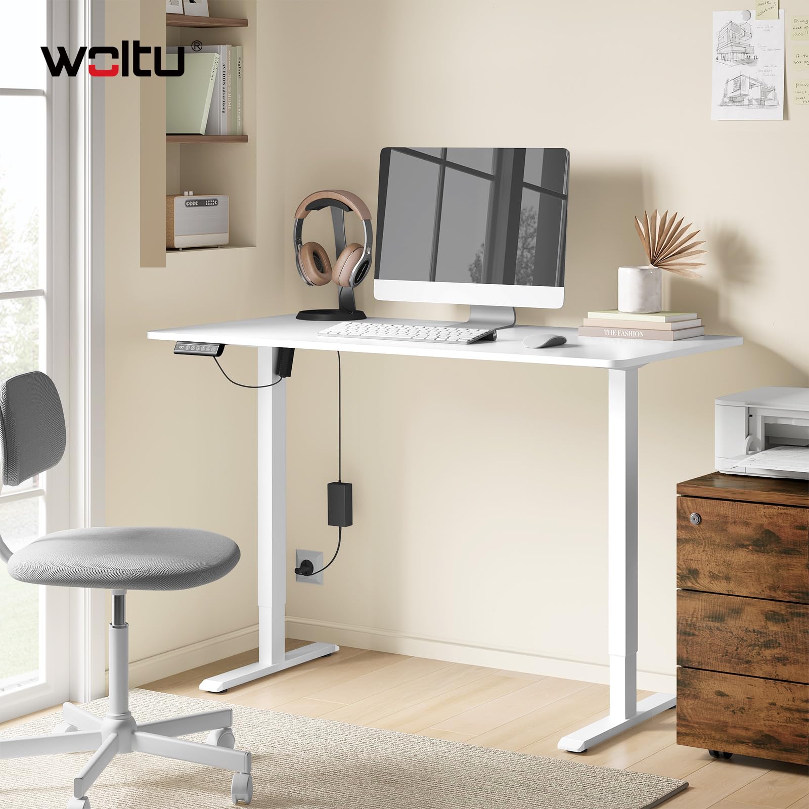 WOLTU Pied pour Bureau Assis Debout, Bureau Électrique, Blanc