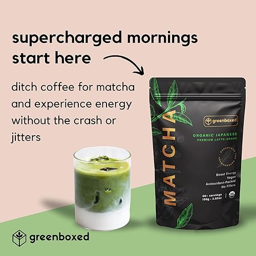 Miniatura 3 de Greenboxed Polvo de té verde matcha, grado japonés de alta calidad, hoja de té puro orgánico de Japón, sin azúcar, perfecto para hornear, lattes y
