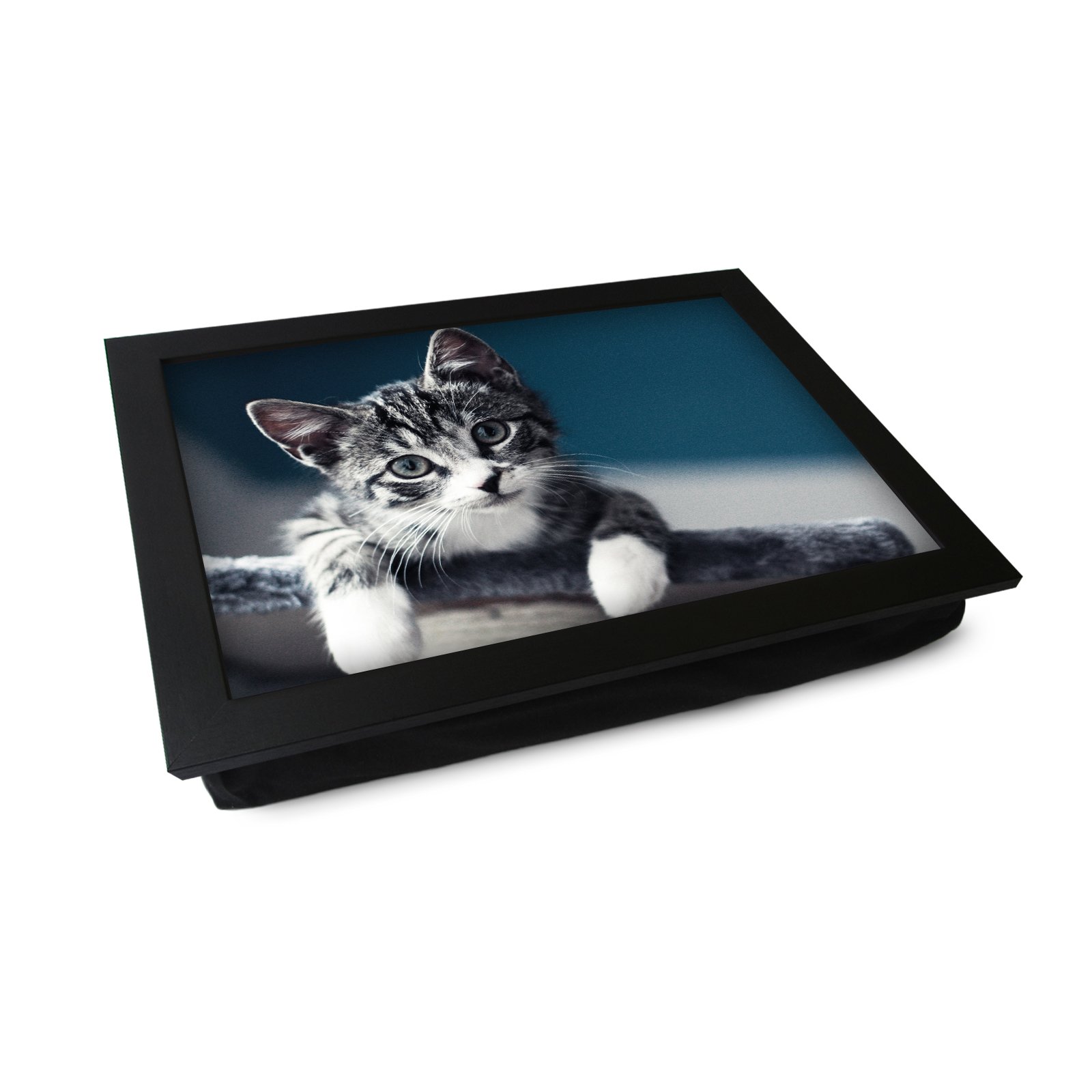 Yoosh Black Extra Large Portable Lap Desk Tray (Grey Kitten Playing) Wide Multi Purpose | Handmade Large Wooden Frame, Big Beanbag Cushion Bottom | Computers, Laptops, Meals, Food | 49.8Cm | Xl31